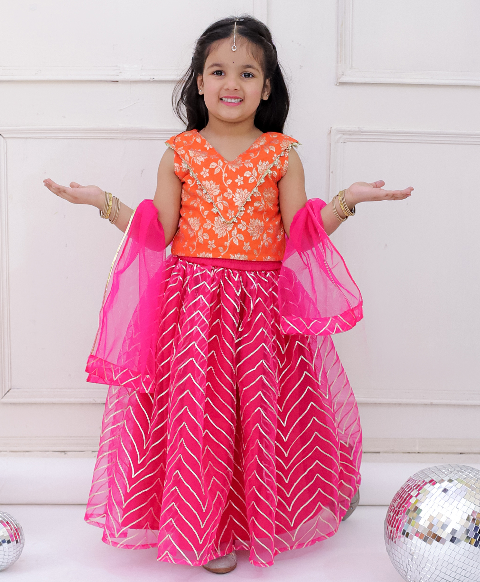 KID1 Jacquard Woven Sleeveless Floral Foil Printed Lehenga Choli With Dupatta Set - Orange & Pink-picture-26