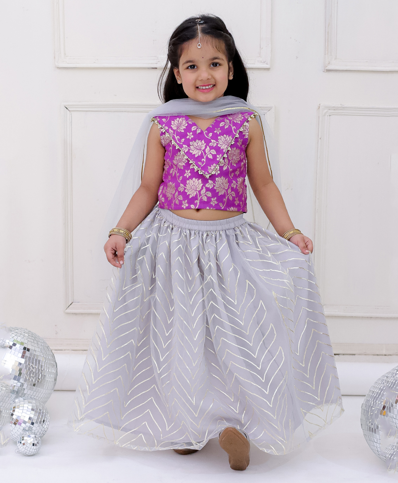 KID1 Jacquard Woven Sleeveless Floral Foil Printed Lehenga Choli With Dupatta Set - Purple-picture-17