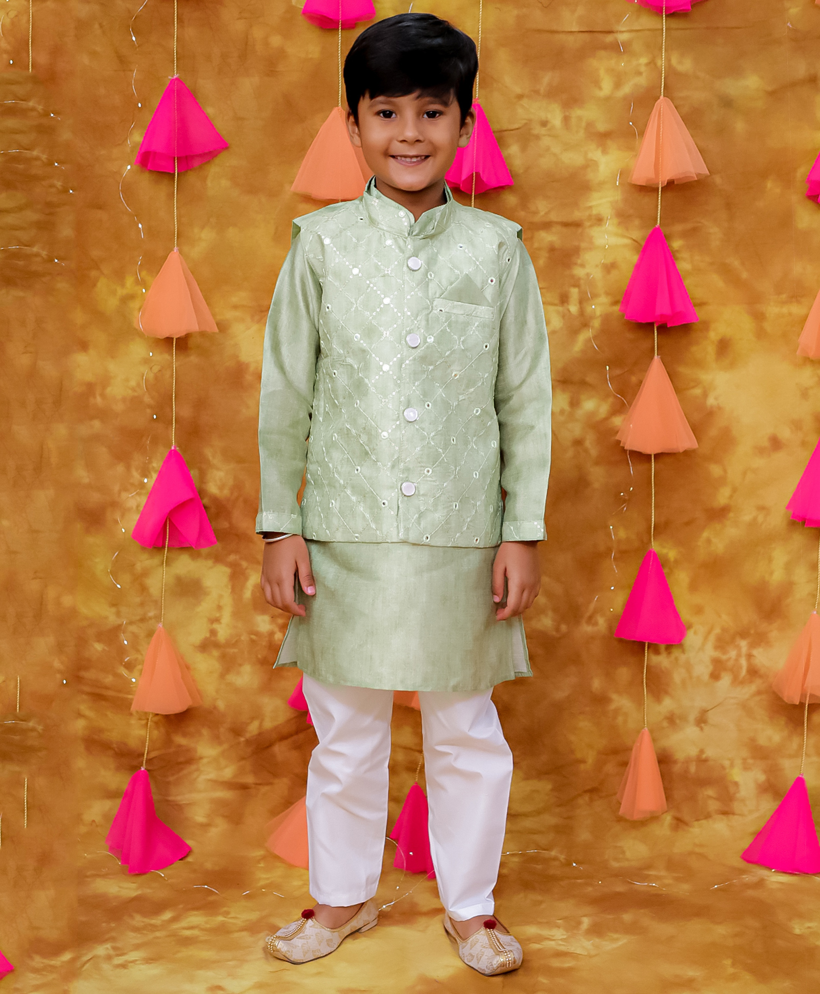 KID1 Silk Woven Full Sleeves Solid Kurta Pyjama With Mirror Work Detailed Jacket Set - Green-picture-13