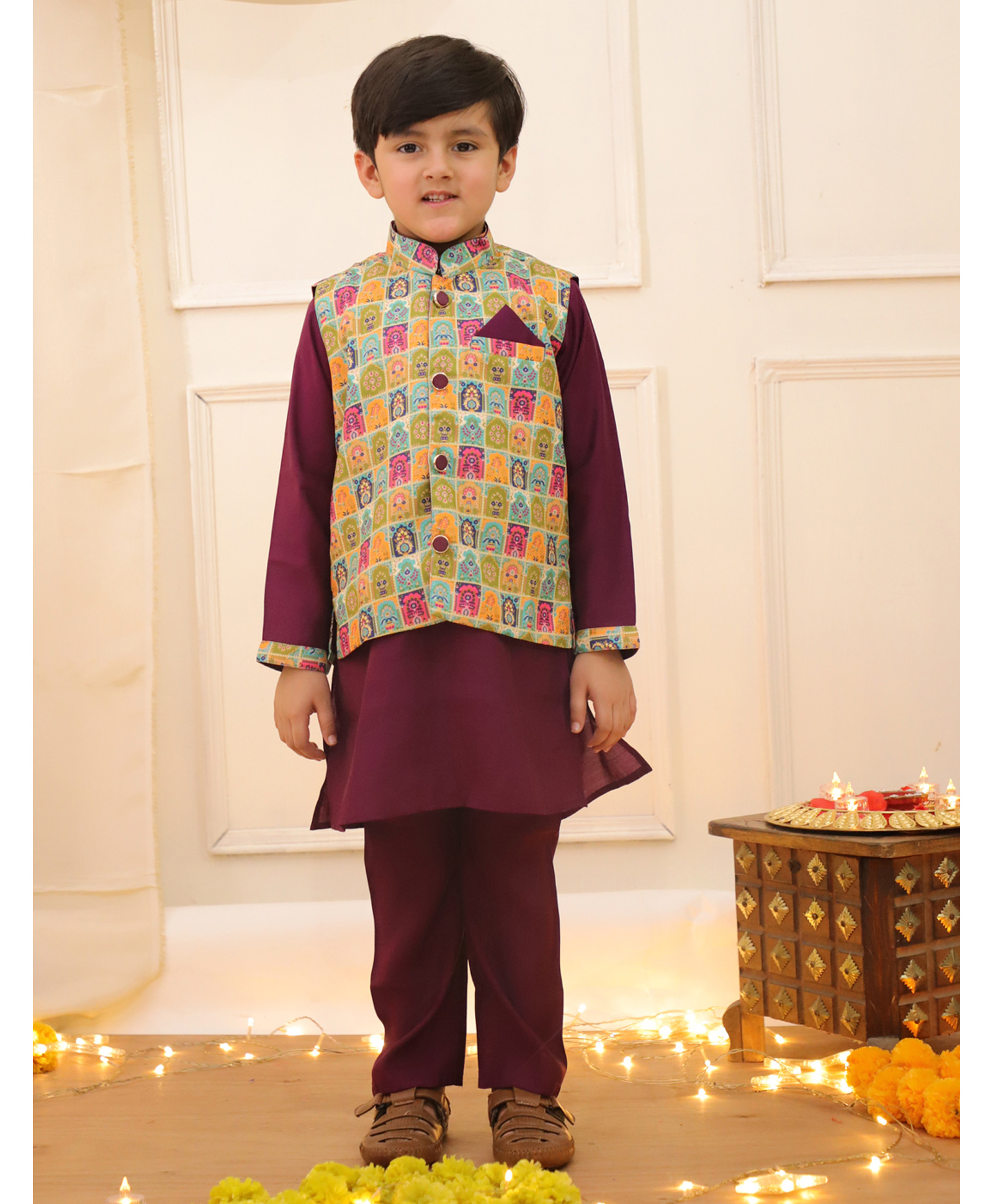 KID1 Silk Woven Full Sleeves Solid Kurta Pyjama With Floral Printed Jacket Set - Purple & Multi Colour-picture-21
