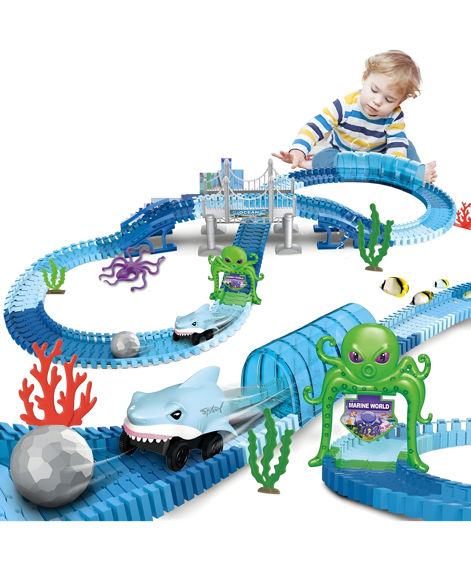 NEGOCIO 199 Pcs Track Car Adventure Playset, Flexible Race Track with Bridge, Tunnel, Marine World Theme, Shark Car, Sea Creatures, Ocean Adventure -PACK OF 1- COLOR MAY VARY-image-34