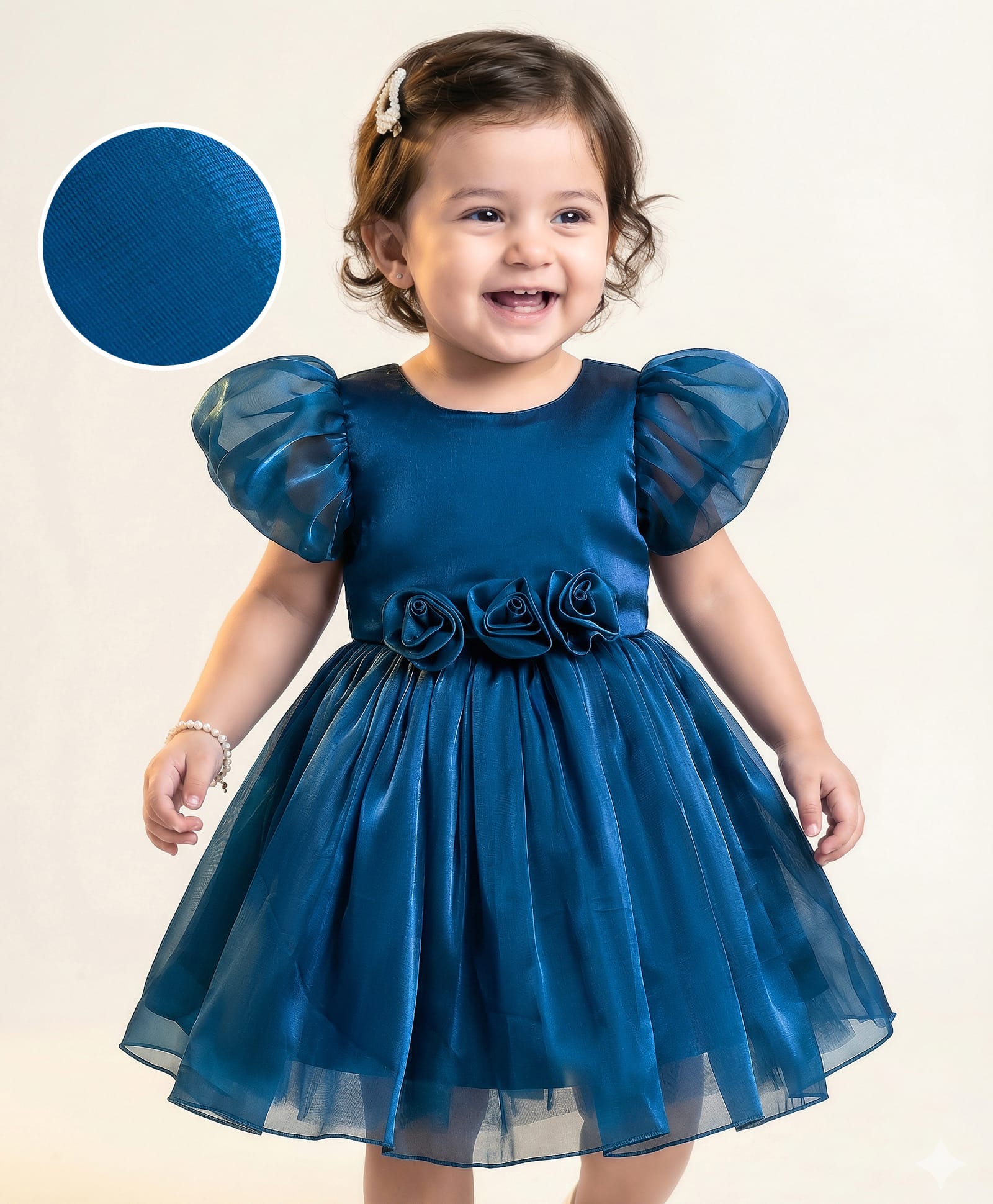 Mark & Mia Woven Half Balloon Sleeves Party Dress With Floral Applique - Navy Blue-image-46