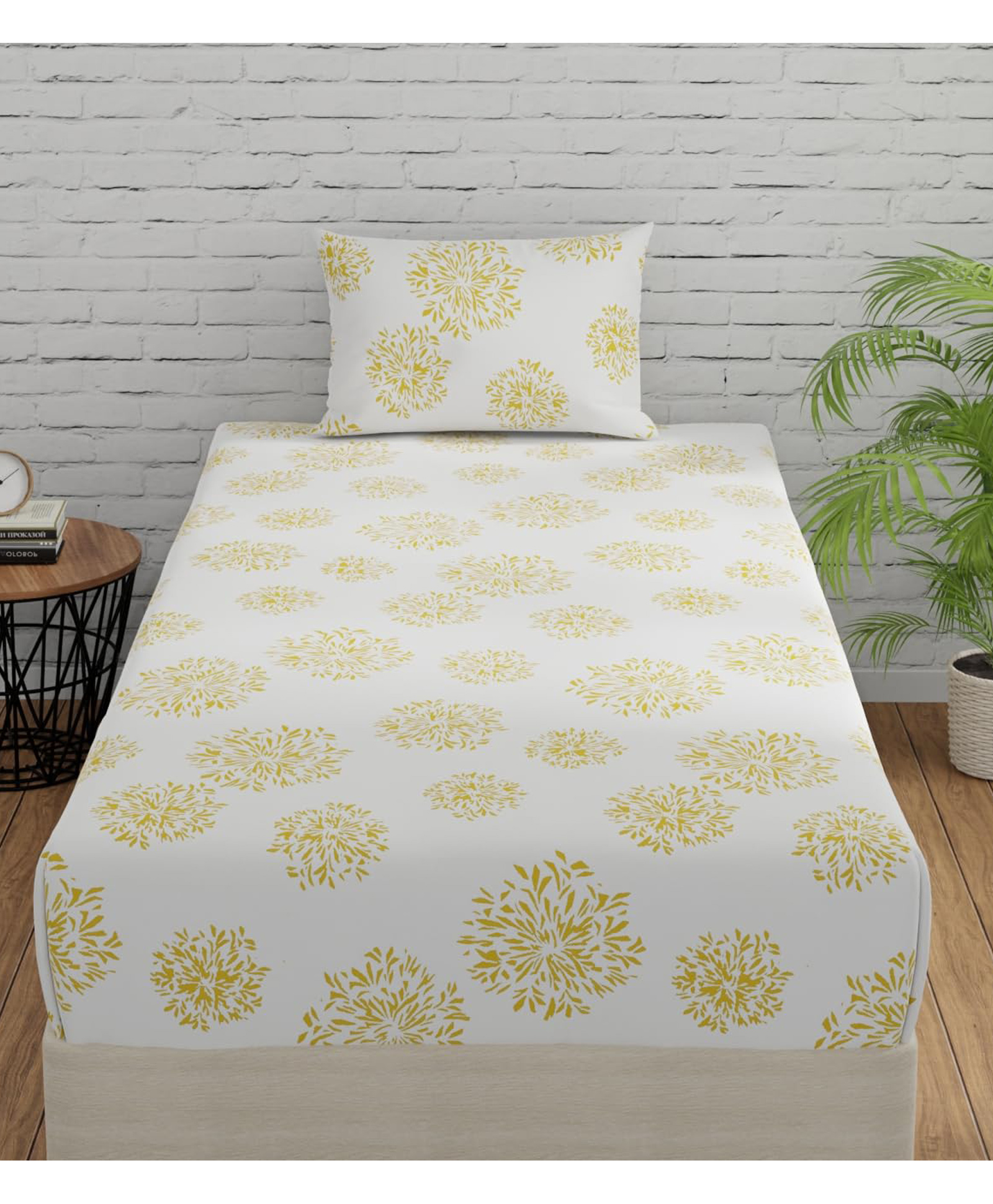 Huesland by Ahmedabad Cotton 144 TC Geometric Cotton Single Bedsheet with Pillow Cover - White (Yellow Print)-picture-36