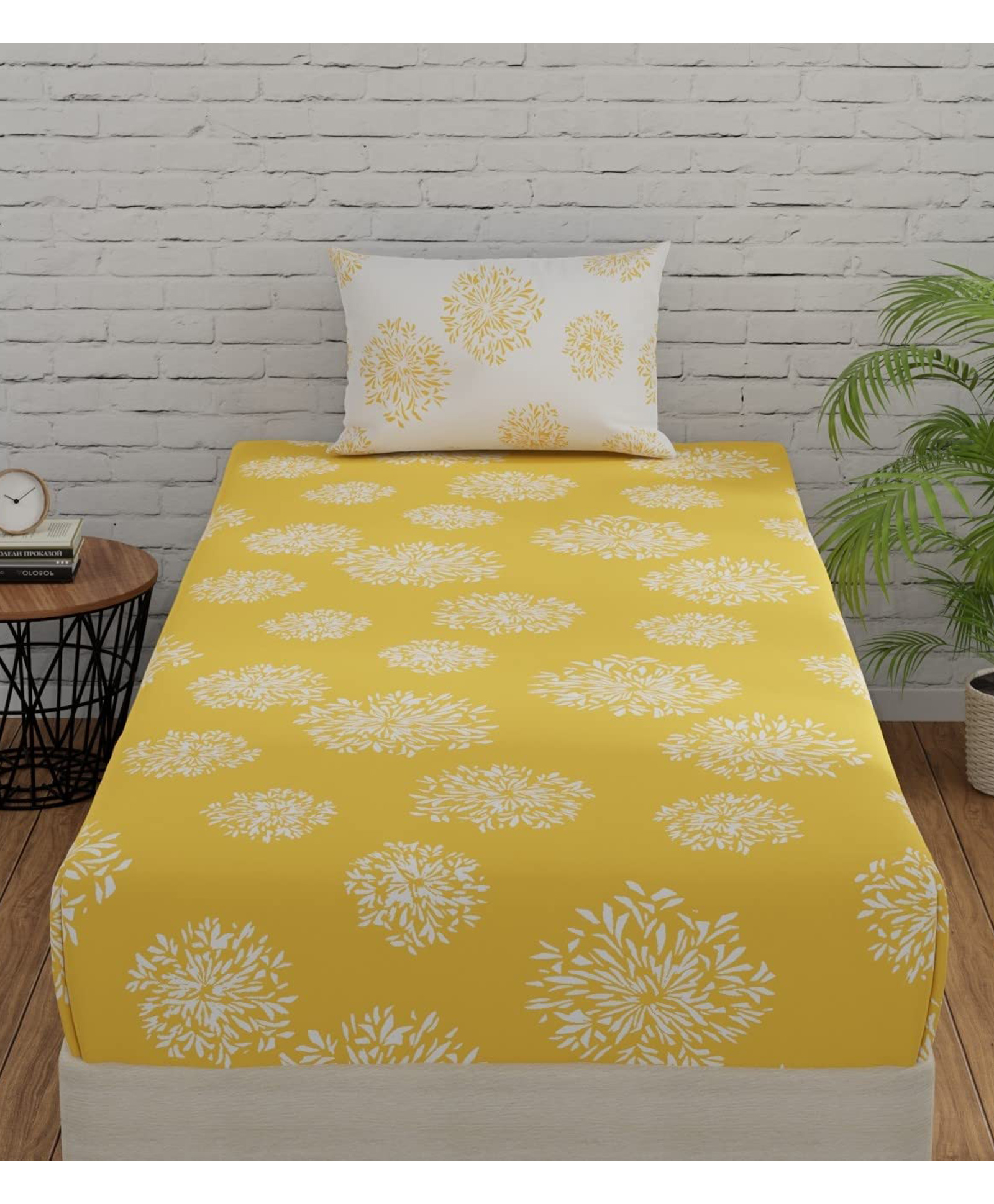 Huesland by Ahmedabad Cotton 144 TC Geometric Single Bedsheet Cotton with 1 Pillow Cover - Yellow & White-picture-25