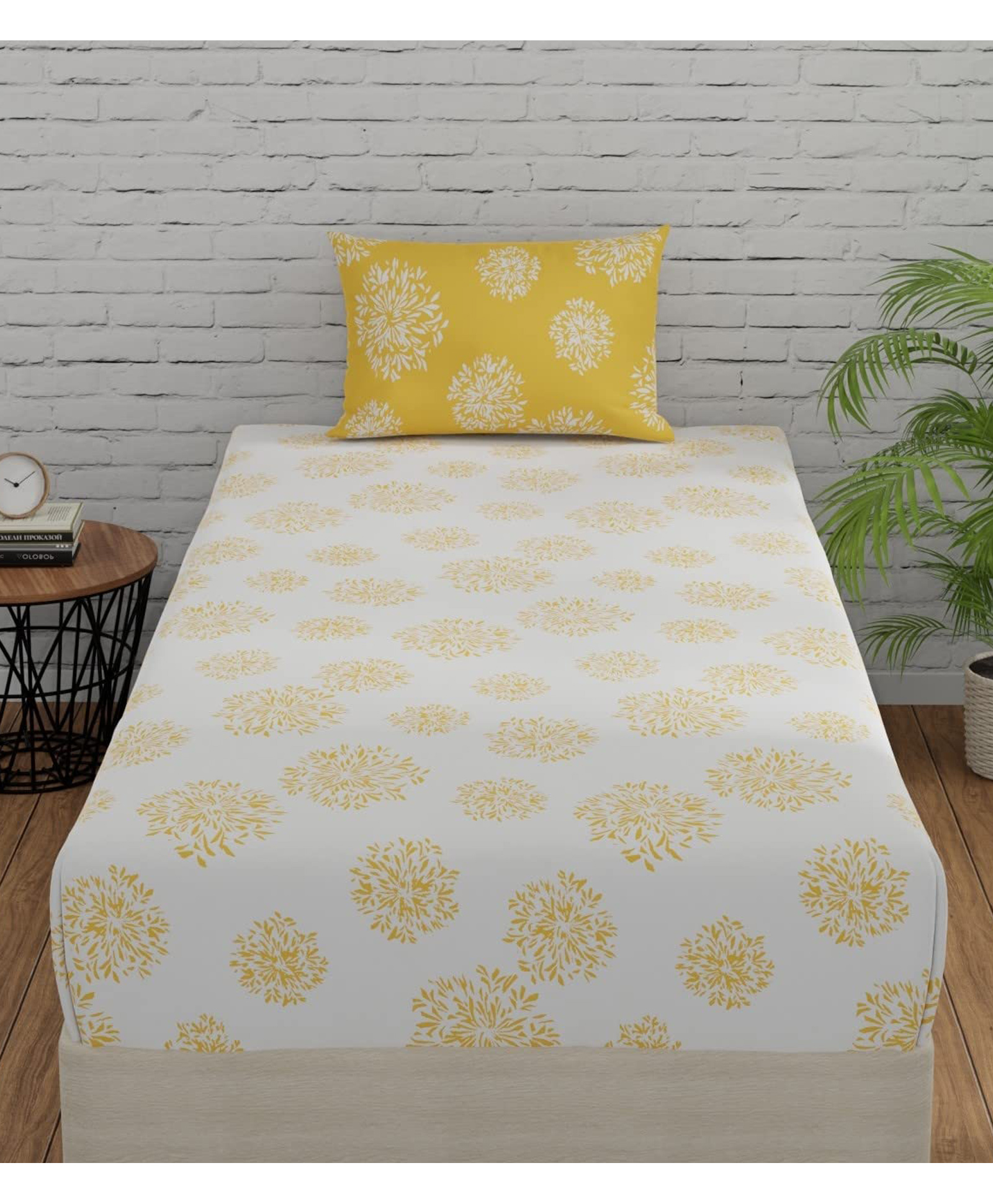 Huesland by Ahmedabad Cotton 144 TC Geometric Cotton Bedsheet Single Bed with 1 Pillow Cover - White & Yellow-image-9