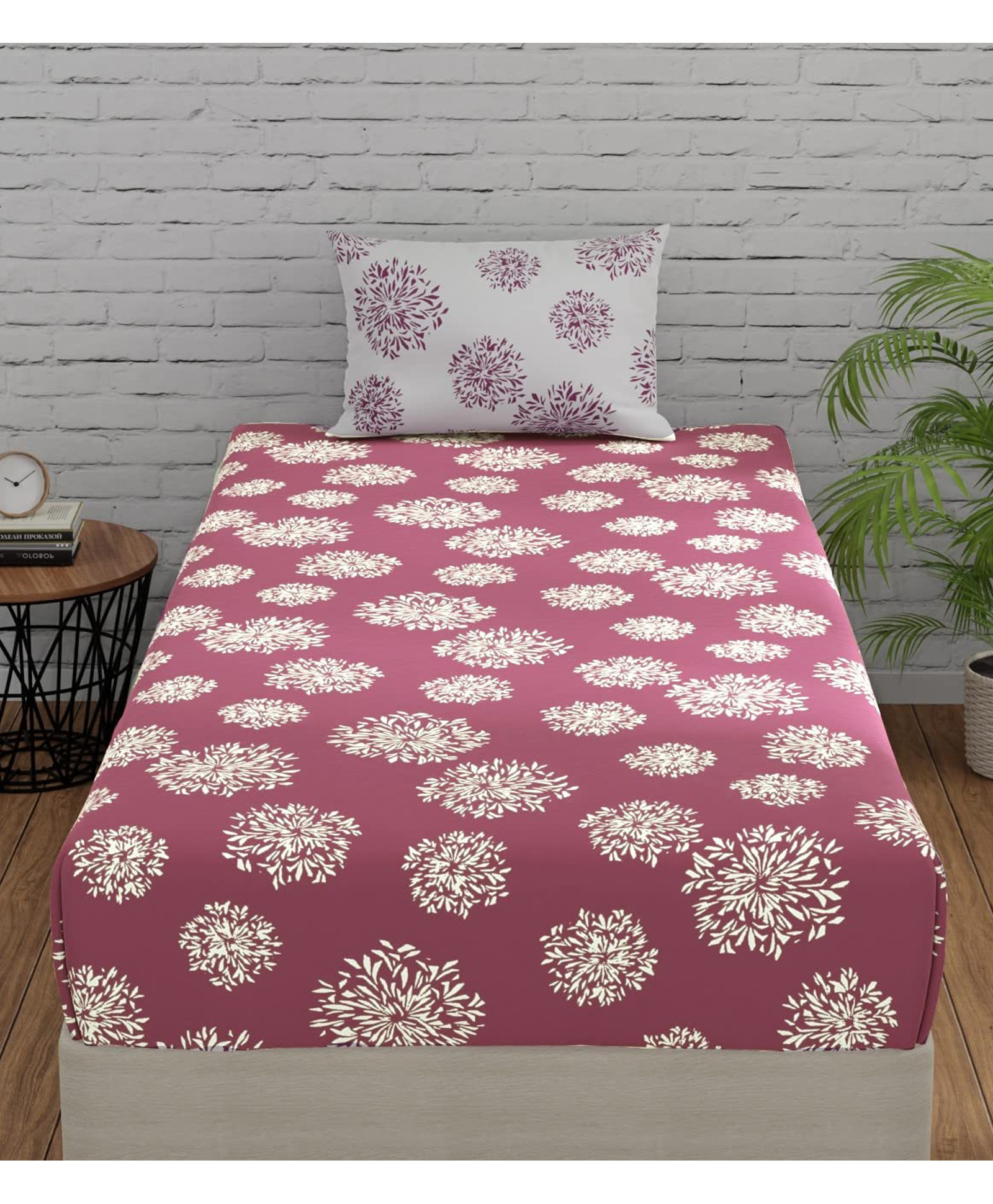 Huesland by Ahmedabad Cotton 144 TC Geometric Single Bedsheet Cotton with 1 Pillow Cover - Mauve & White-image-26