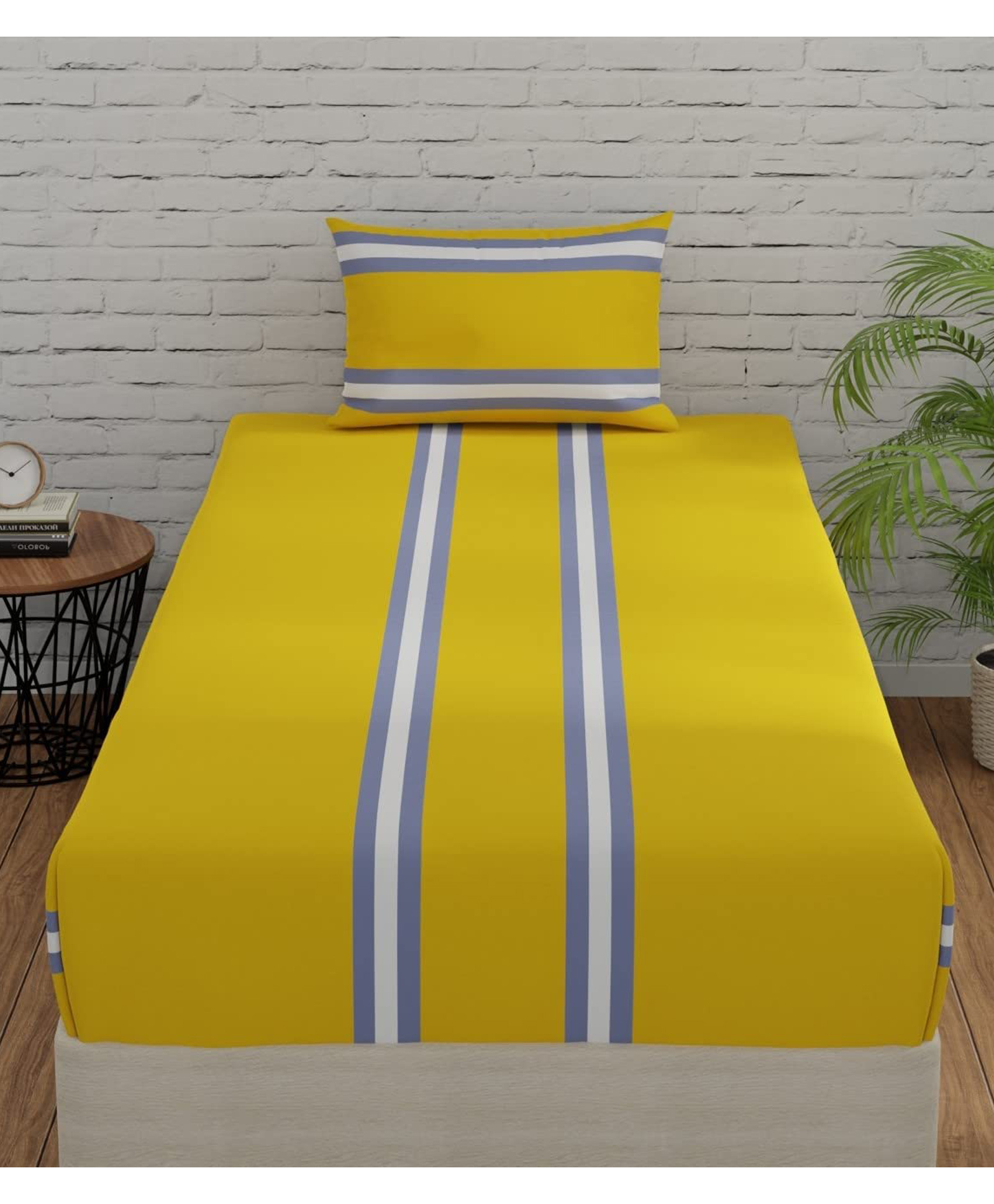 Huesland by Ahmedabad Cotton 144 TC Stripes Single Bedsheet Cotton with 1 Pillow Cover - Yellow & Grey-image-34
