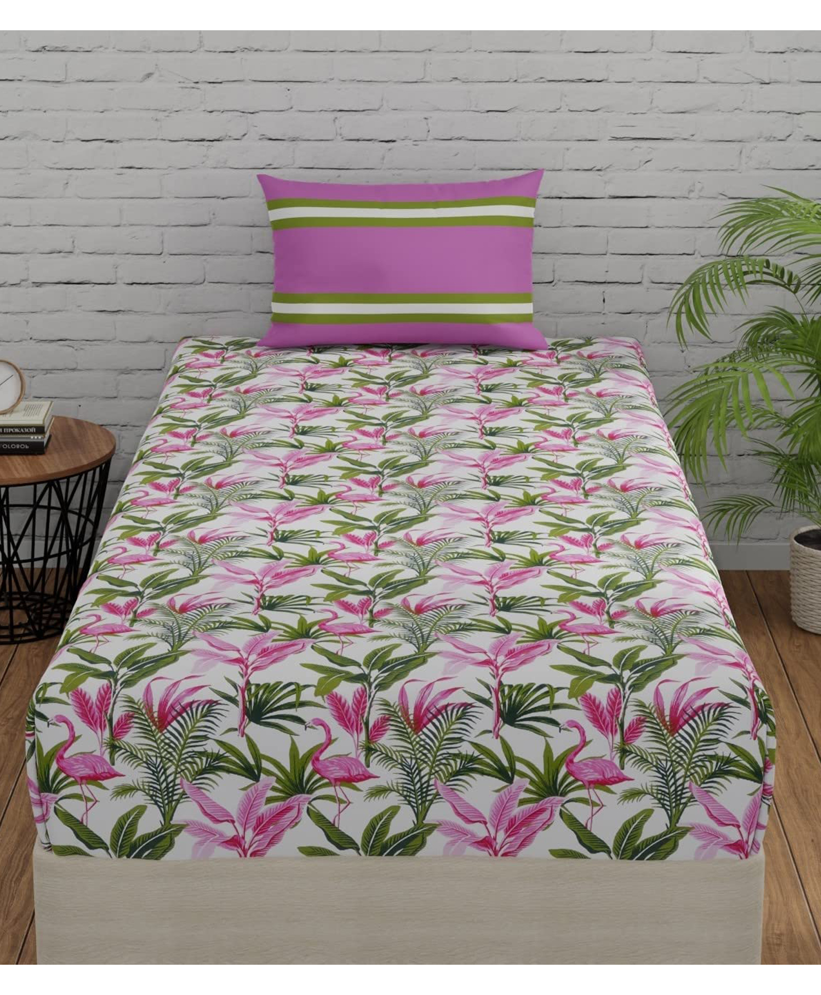 Huesland by Ahmedabad Cotton 144 TC Floral Single Bedsheet Cotton with 1 Pillow Cover - Pink, Green & White-image-45