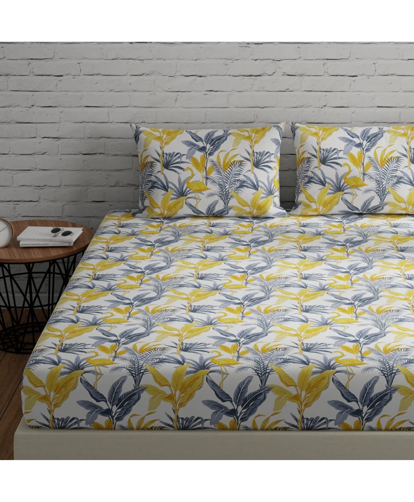Huesland by Ahmedabad Cotton 144 TC Floral Cotton Bedsheet for Queen Size Bed with 2 Pillow Covers - Yellow, Grey & White-image-29