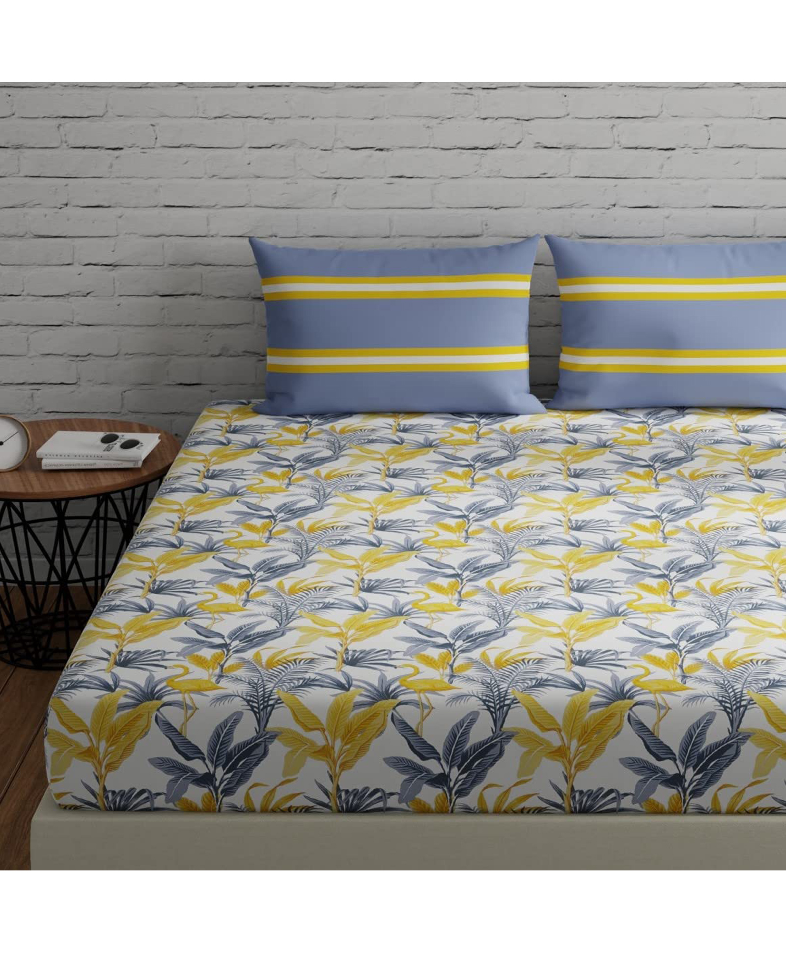 Huesland by Ahmedabad Cotton 144 TC Floral Cotton Bed Sheet for Queen Size Bed with 2 Pillow Covers - Grey, Yellow & White-image-48