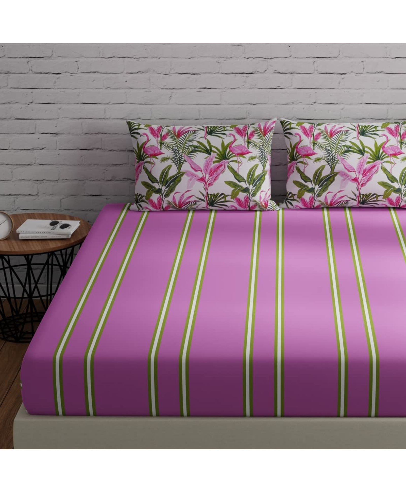 Huesland by Ahmedabad Cotton 144 TC Stripes Cotton Bedsheets for King Size Bed with 2 Pillow Covers | 108x108 inches | Pink & Green-picture-1
