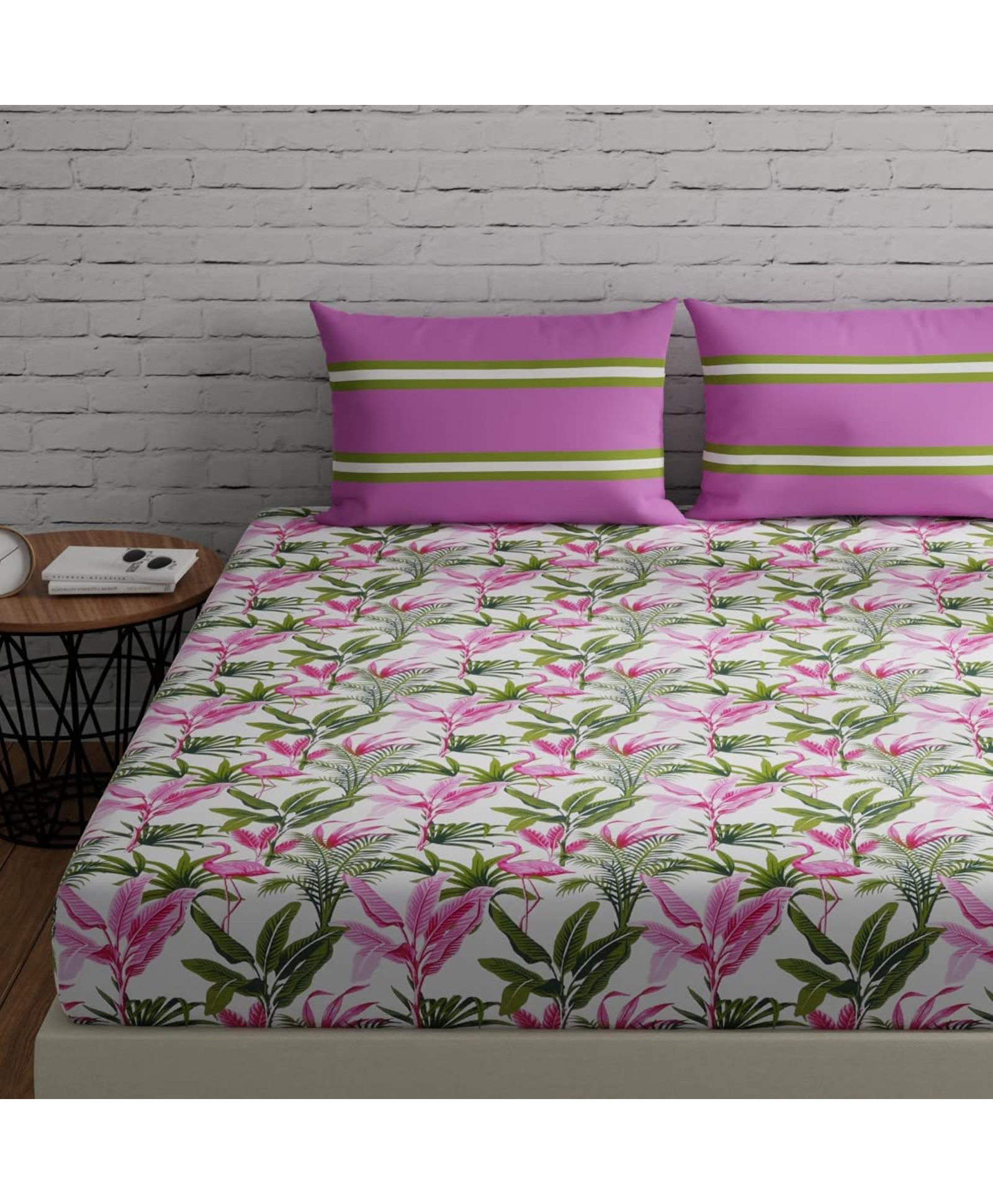 Huesland by Ahmedabad Cotton 144 TC Floral Cotton Bedsheet for Double Bed King Size with 2 Pillow Covers | 9ft x 9ft | Pink, Green & White-image-33