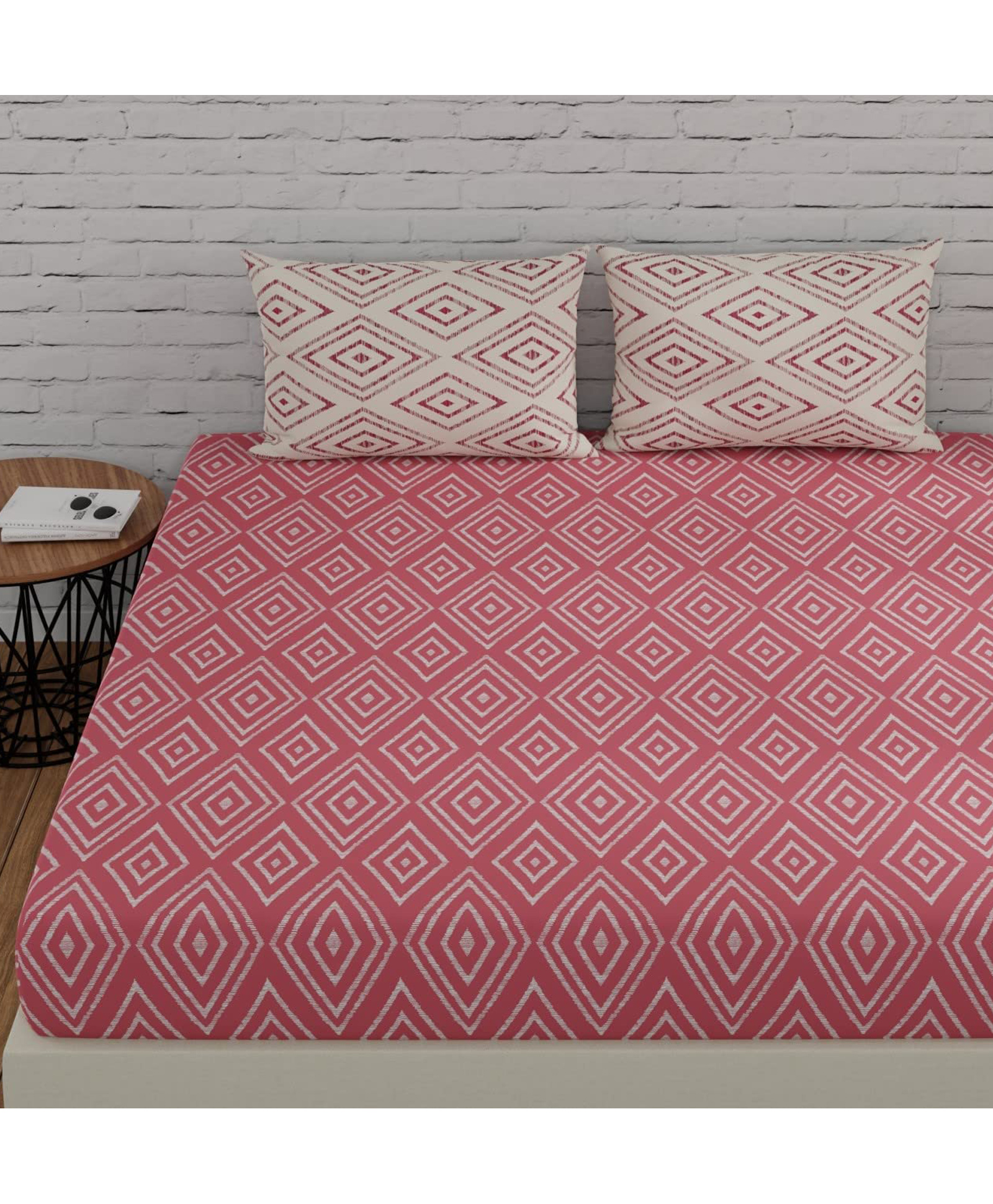 Huesland by Ahmedabad Cotton 144 TC Cotton Bed Sheet for Double Set Bed with 2 Pillow Covers - Peach Pink & White-picture-17