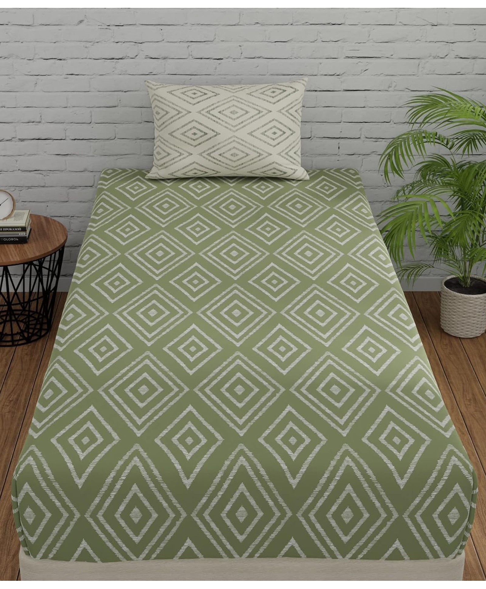 Huesland by Ahmedabad Cotton 144 TC Cotton Single Bedsheet with Pillow Cover - Sage Green & White-image-9