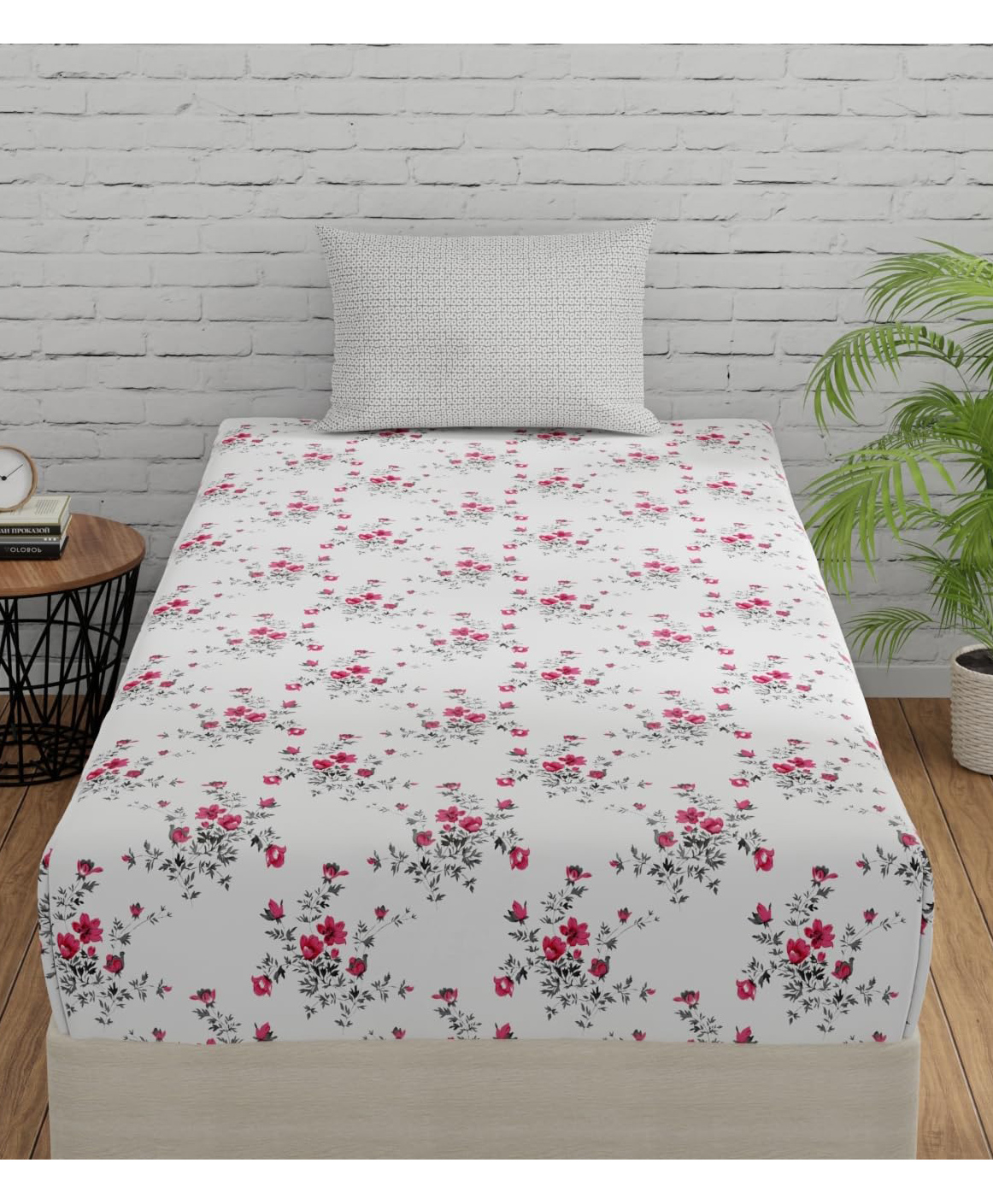Huesland by Ahmedabad Cotton 144 TC Bedsheet for Single Bed with 1 Pillow Cover | White, Light Coral & Grey-picture-13