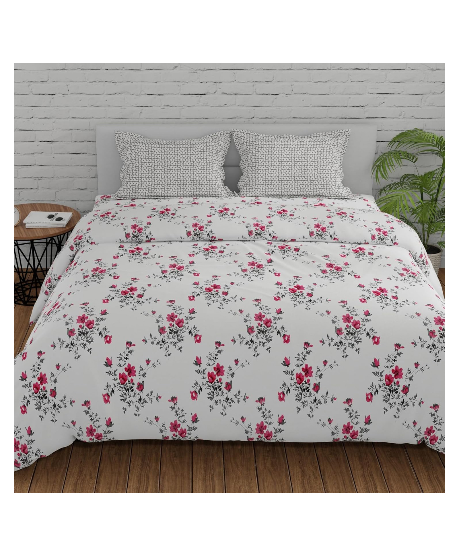 Huesland by Ahmedabad Cotton 144 TC Cotton Bedsheet for Double Bed with 2 Pillow Covers | White, Light Coral & Grey-picture-24