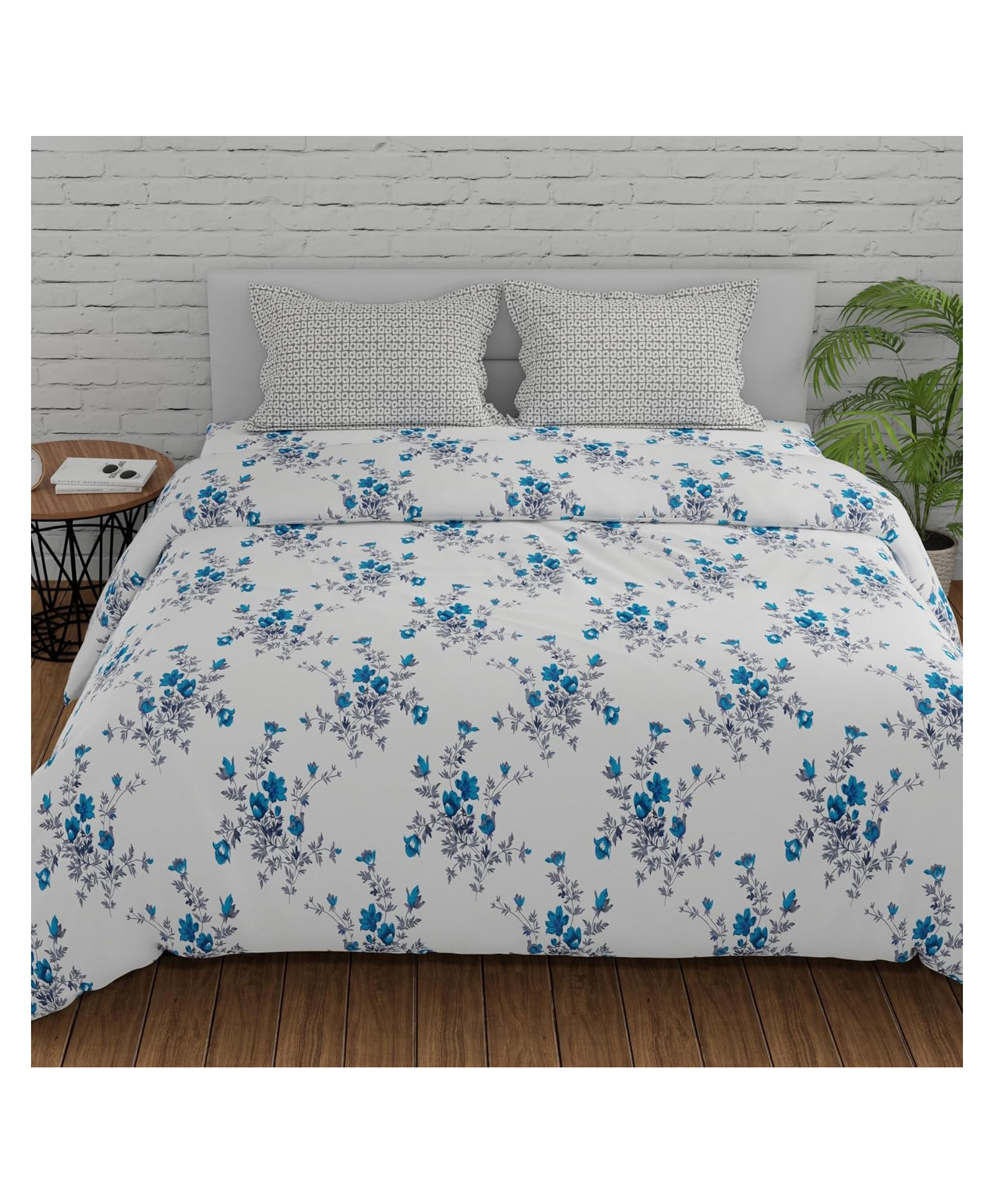Huesland by Ahmedabad Cotton 144 TC Cotton Bedsheets for Double Bed with 2 Pillow Covers | White, Cyan Blue & Grey-image-47