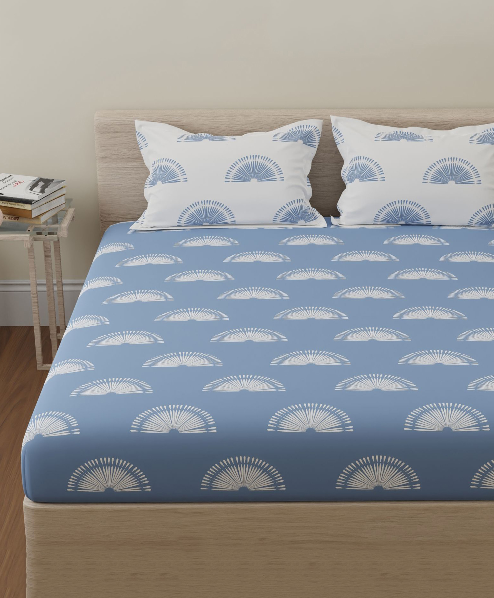 Huesland by Ahmedabad Cotton 144 TC Cotton Bed Sheet for Double Set Bed with 2 Pillow Covers | Sunrise | Powder Blue & White-picture-33