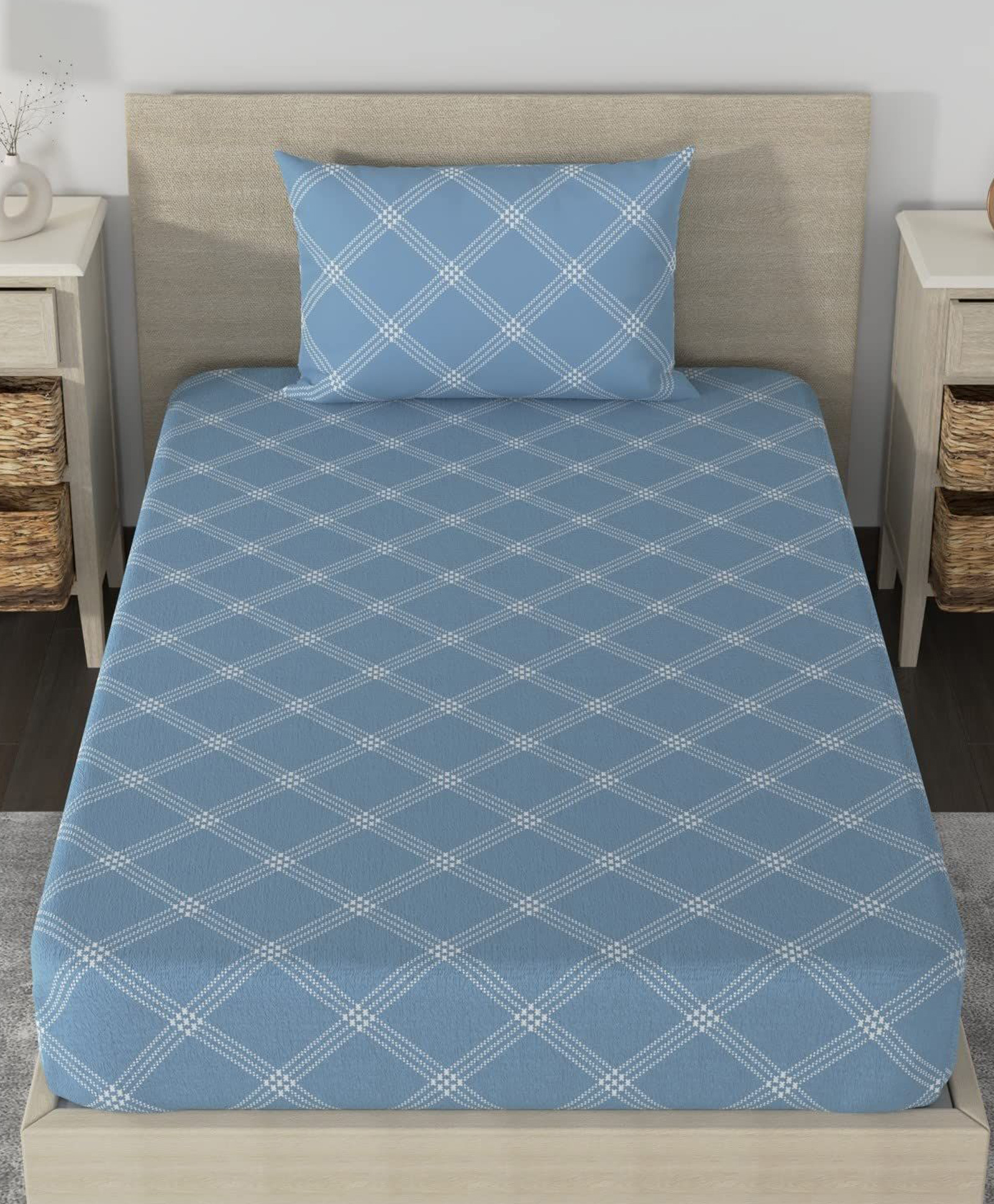 Huesland by Ahemdabad Cotton 210 TC Cotton Bedsheet Single Bed with 1 Pillow Cover - Blue - Thread Count 210-picture-24