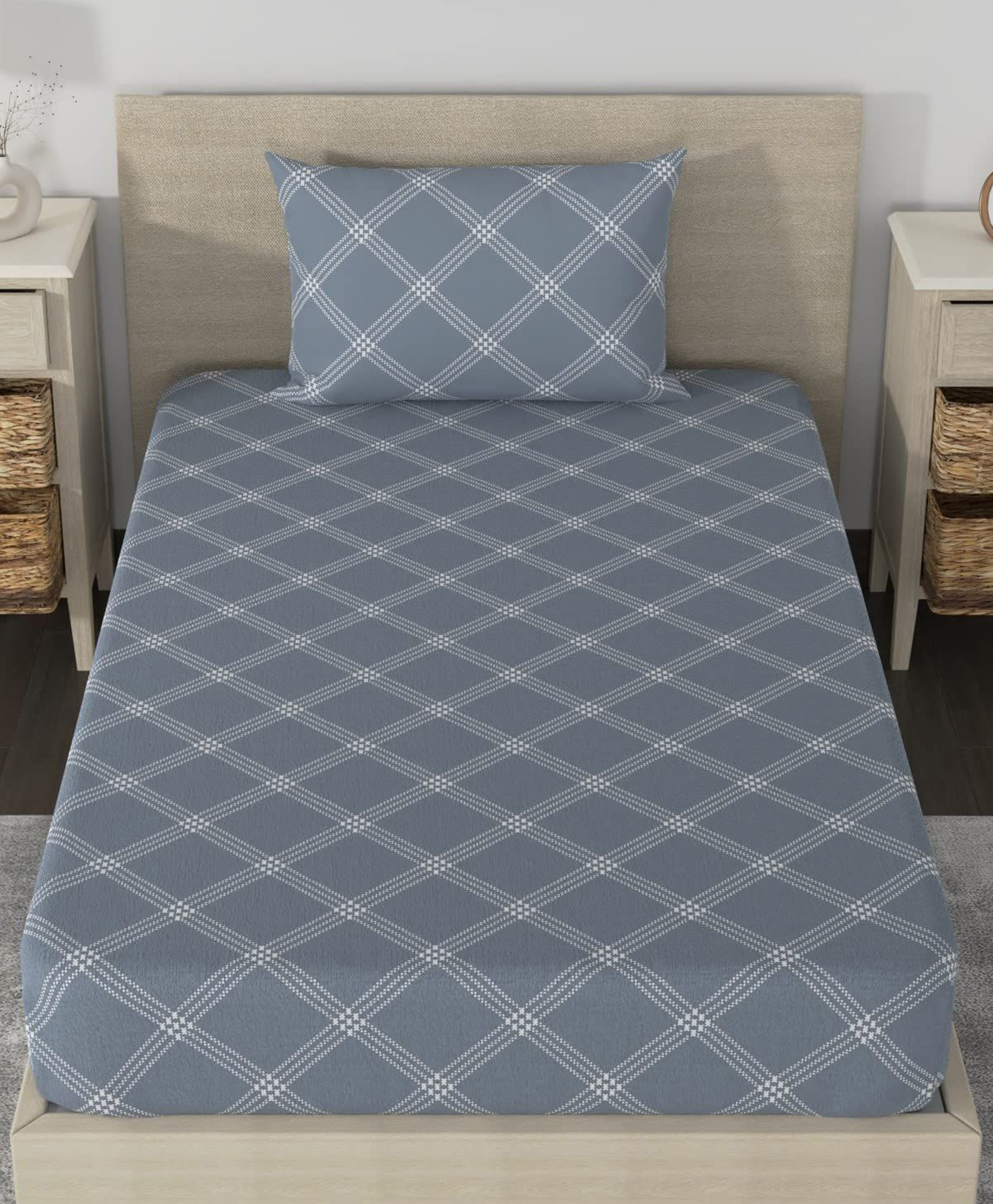 Huesland by Ahemedabad Cotton 210 TC Geometric Cotton Single Bedsheet with Pillow Cover - Grey - Thread Count 210-picture-13