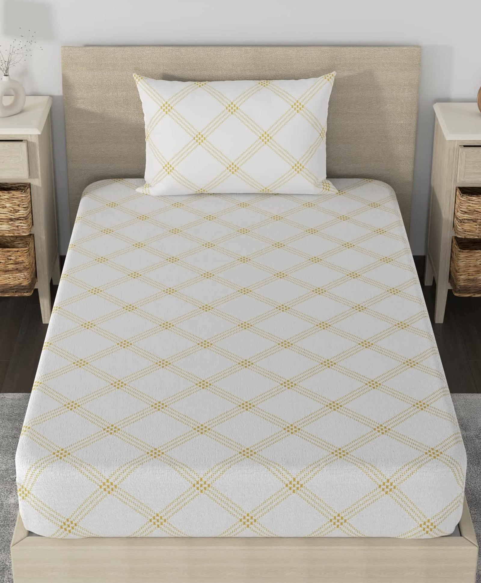 Huesland by Ahemdabad Cotton 210 TC Bedsheet for Single Bed with 1 Pillow Cover - White (Brandon Beige Pattern) - Thread Count 210-image-7