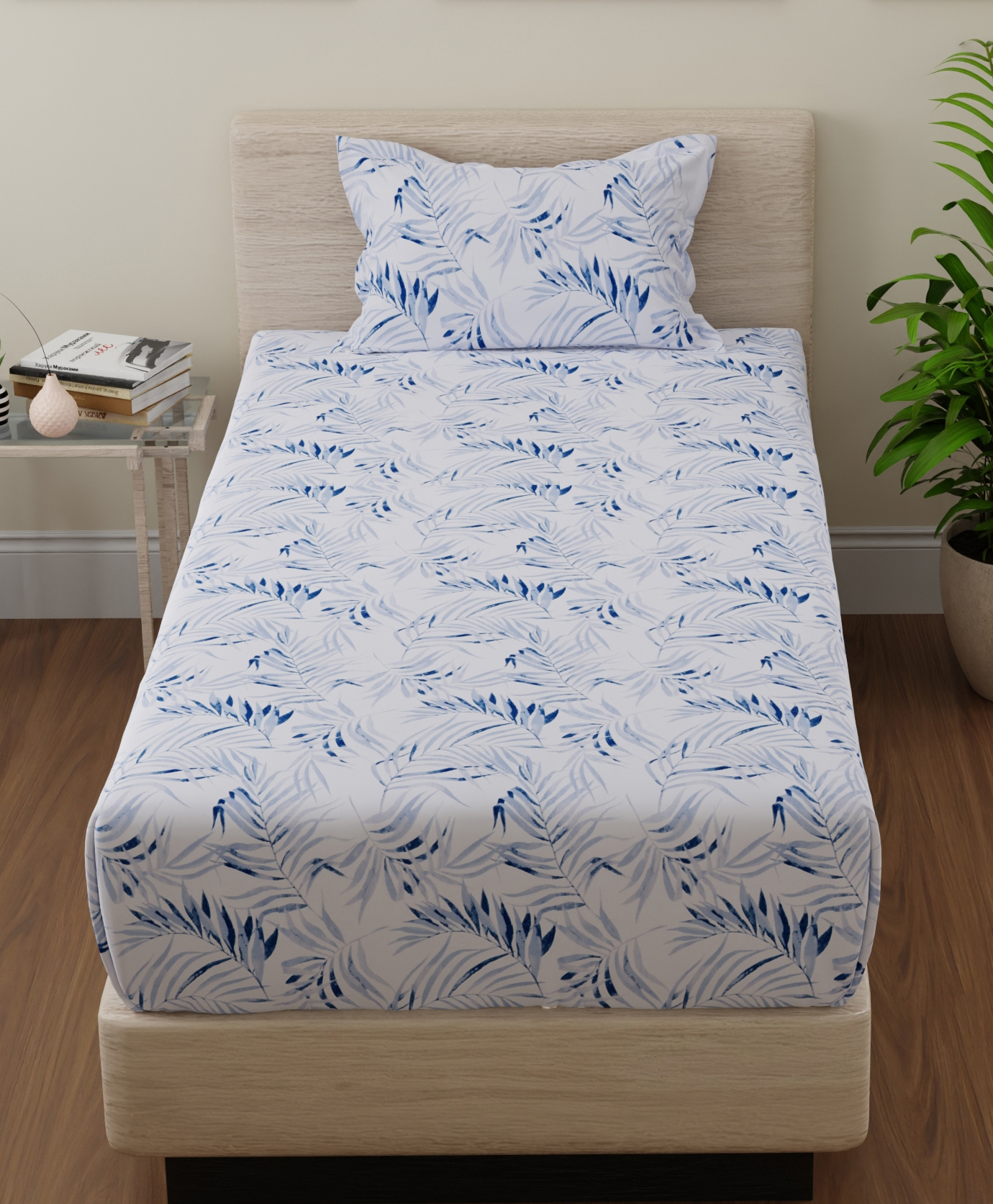 Huesland by Ahmedabad Cotton 144 TC Bedsheet for Single Bed with 1 Pillow Cover - Blue Nova & White-picture-14
