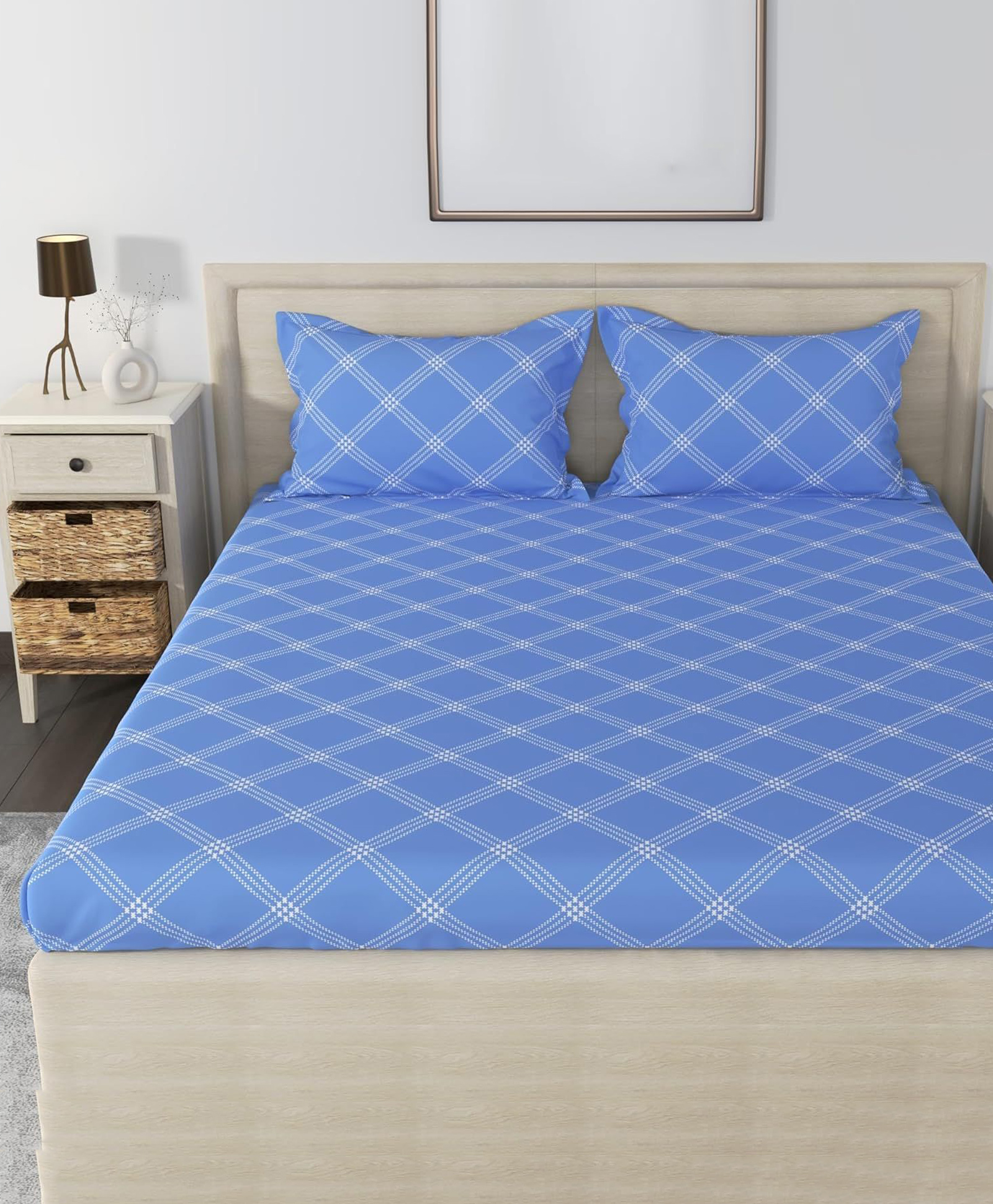 Huesland by Ahemedabad Cotton 210 TC Geometric Cotton Bedsheets for King Size Bed with 2 Pillow Covers | 108x108 inches | Blue - Thread Count 210-picture-12