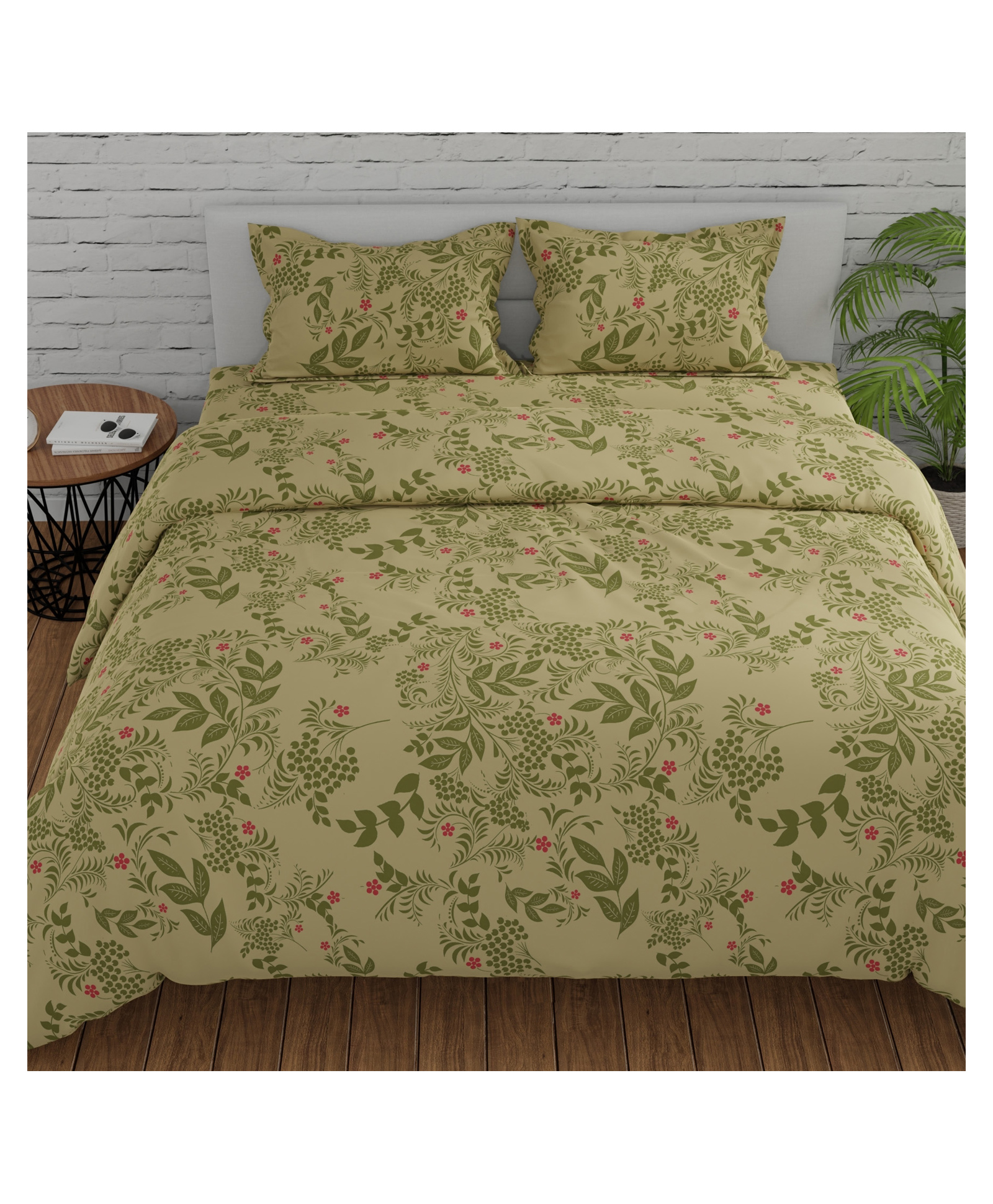 Huesland by Ahmedabad Cotton 144 TC King Size Bedsheet Cotton with 2 Pillow Covers | Botanical Bliss | Vanilla & Green | 108 x 108 inches-image-16