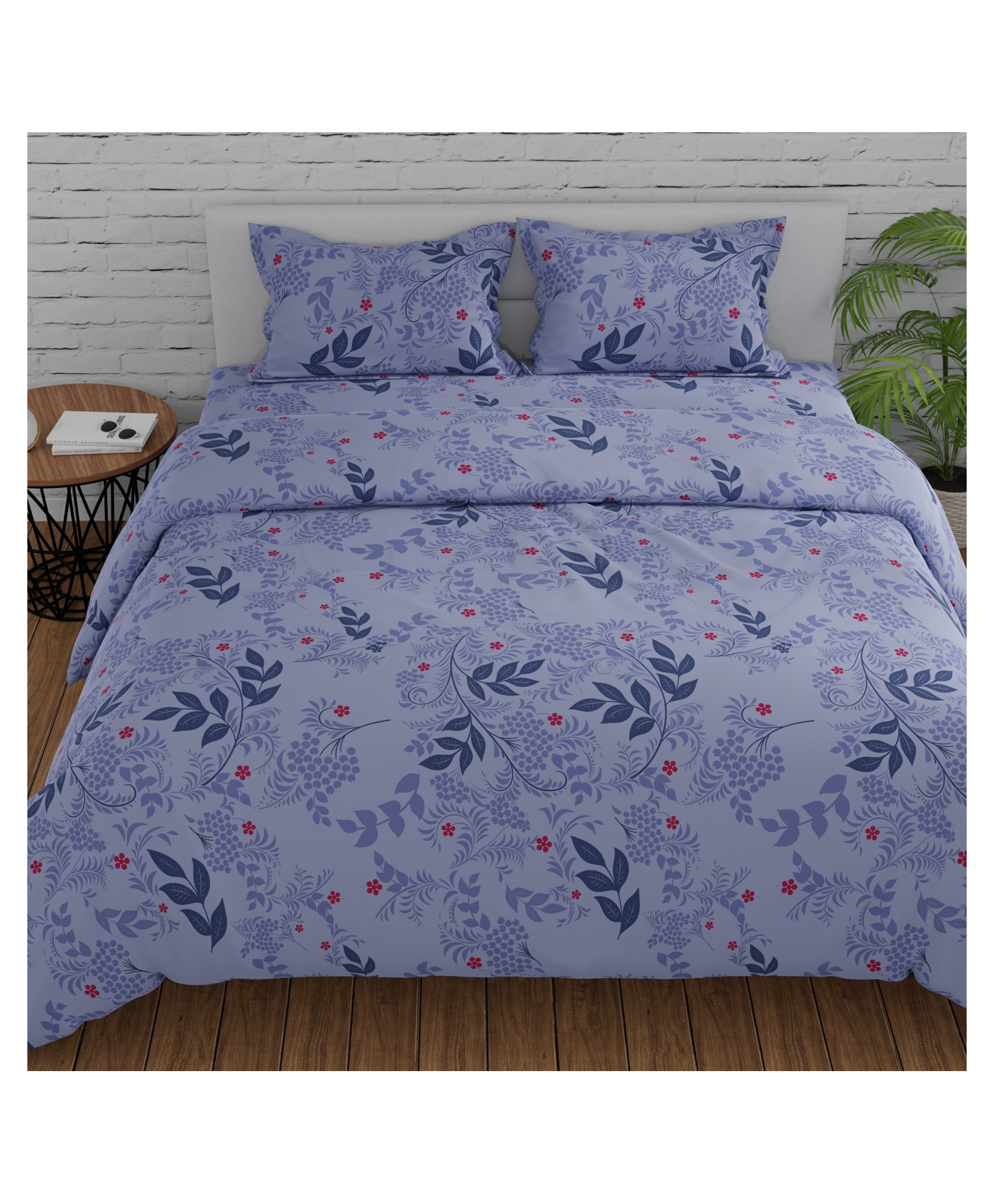 Huesland by Ahmedabad Cotton 144 TC King Size Bedsheet Cotton with 2 Pillow Covers | Botanical Bliss | Light Purple, Blue & Grey | 108 x 108 inches-image-48