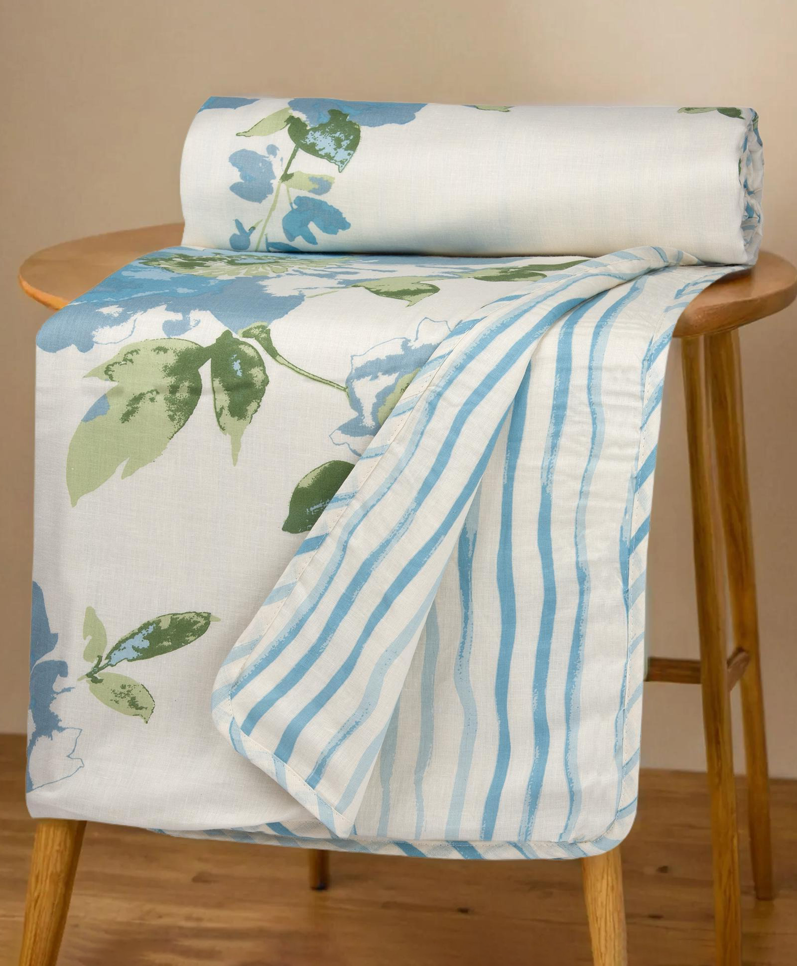 HUESLAND 100% Cotton Dohar Single Bed Size Reversible | 41 x 55 inches, Floral Fusion - Cream, Carolina Blue & Green-image-45