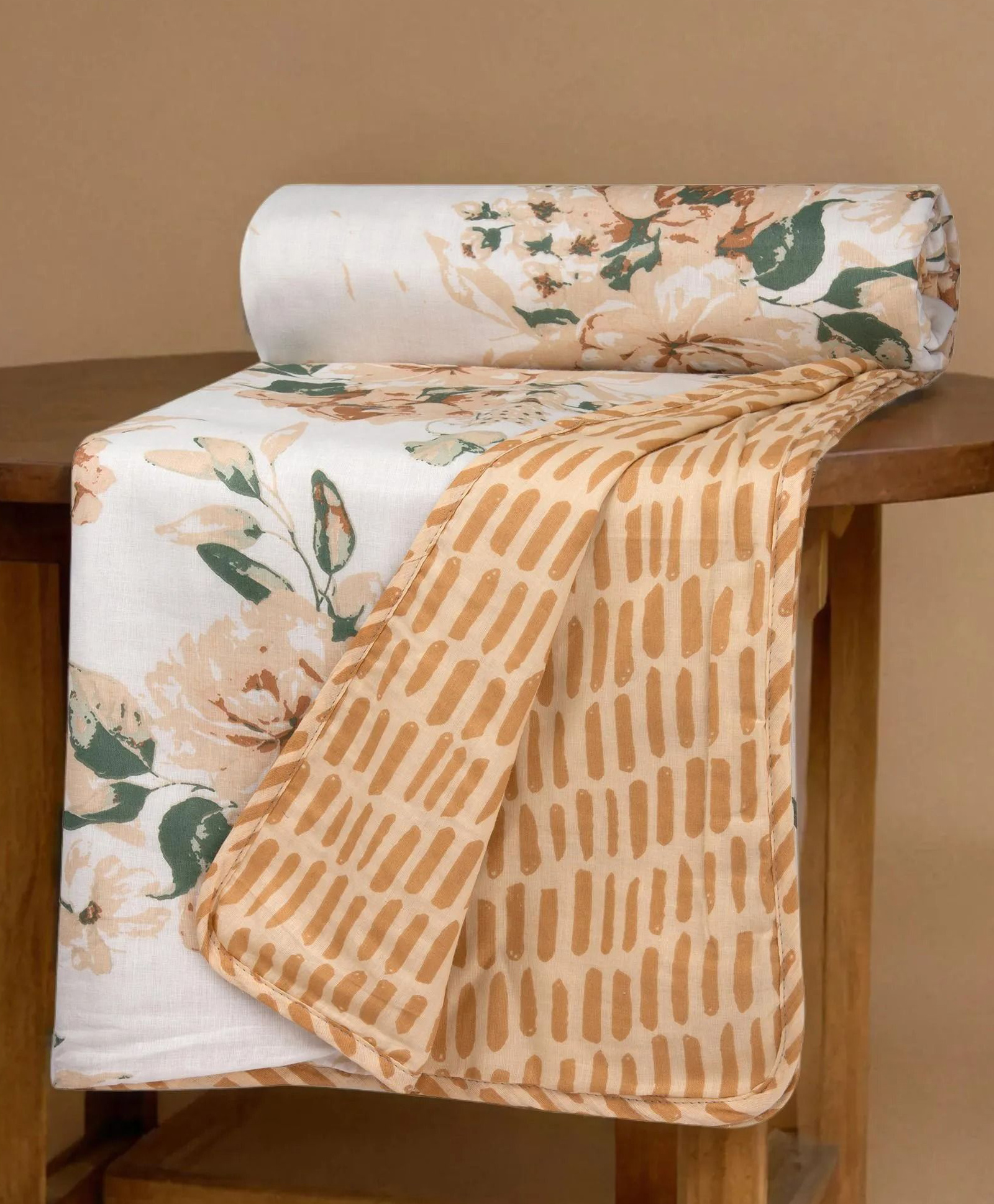 HUESLAND 100% Cotton Dohar Single Bed Size Reversible | 41 x 55 inches, Blushing Blooms - White, Sandcastle & Green-picture-30