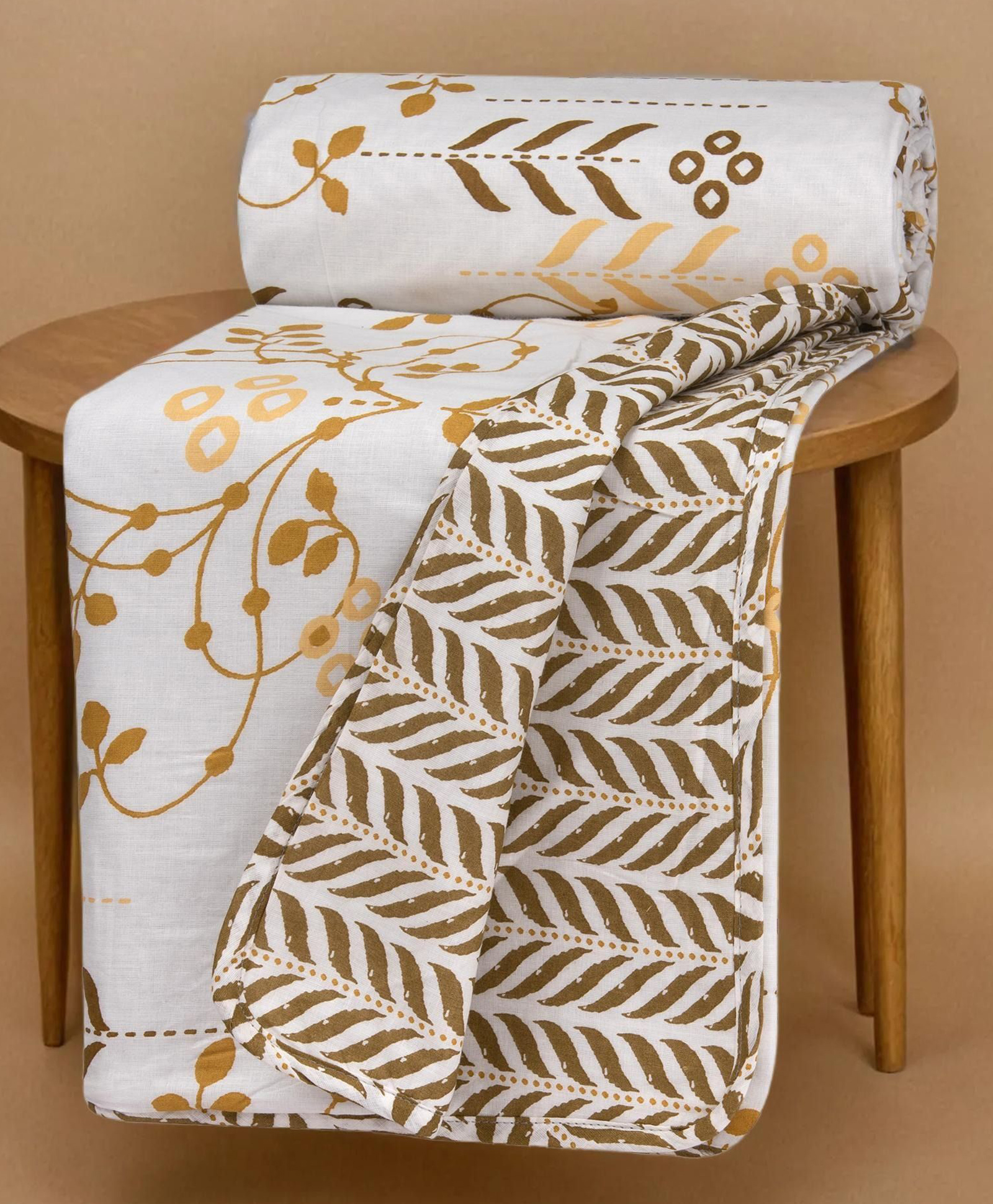 HUESLAND 100% Cotton Dohar Single Bed Size Reversible | 41 x 55 inches, Floral Fusion - Petal - White, Moss Green & Mustard-picture-40