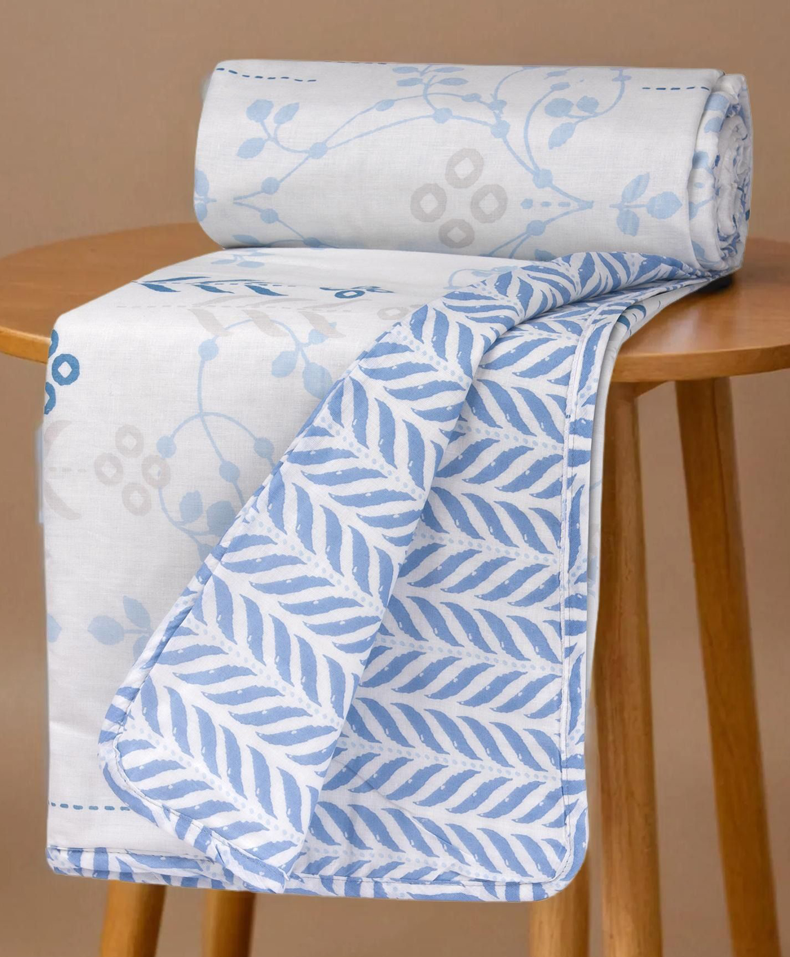 HUESLAND 100% Cotton Dohar Single Bed Size Reversible | 41 x 55 inches, Floral Fusion - Petal - White & Arctic Blue-picture-19