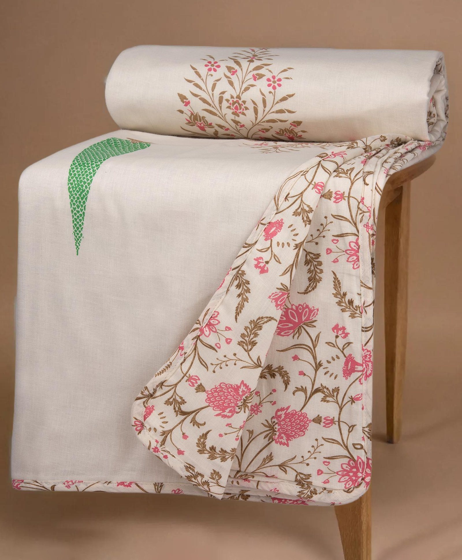 HUESLAND 100% Cotton Dohar Single Bed Size Reversible | 41 x 55 inches, Botanical Fusion - Ivory, Brown & Pink-picture-11