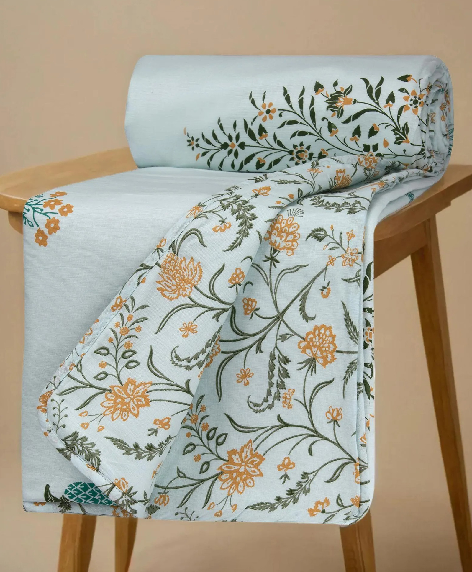 HUESLAND 100% Cotton Dohar Single Bed Reversible | 86 x 94 inches, Botanical Fusion - Celest Blue, Green & Mustard-image-8