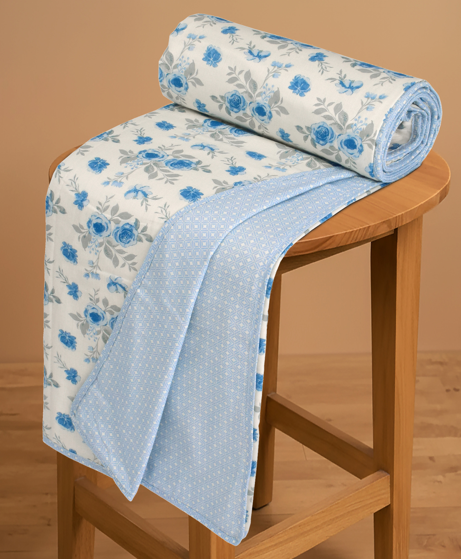 Huesland 100% Cotton Reversible Dohar Single Bed Cotton | 56 x 89 inches, Floral Medley - Ivory & Blue-image-37
