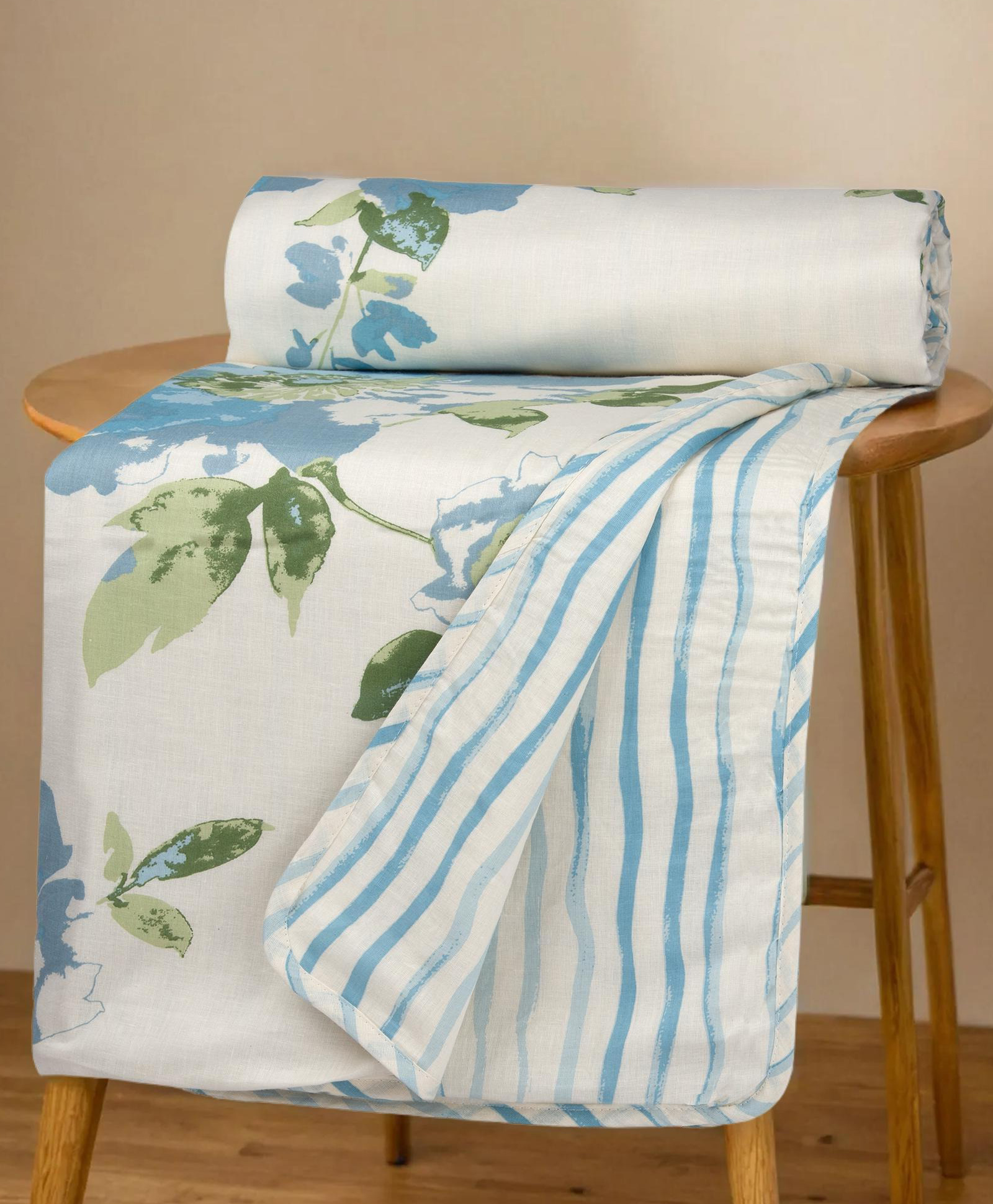 HUESLAND 100% Cotton Dohar Double Bed Size Reversible | 41 x 55 inches, Floral Fusion - Cream, Carolina Blue & Green-picture-29