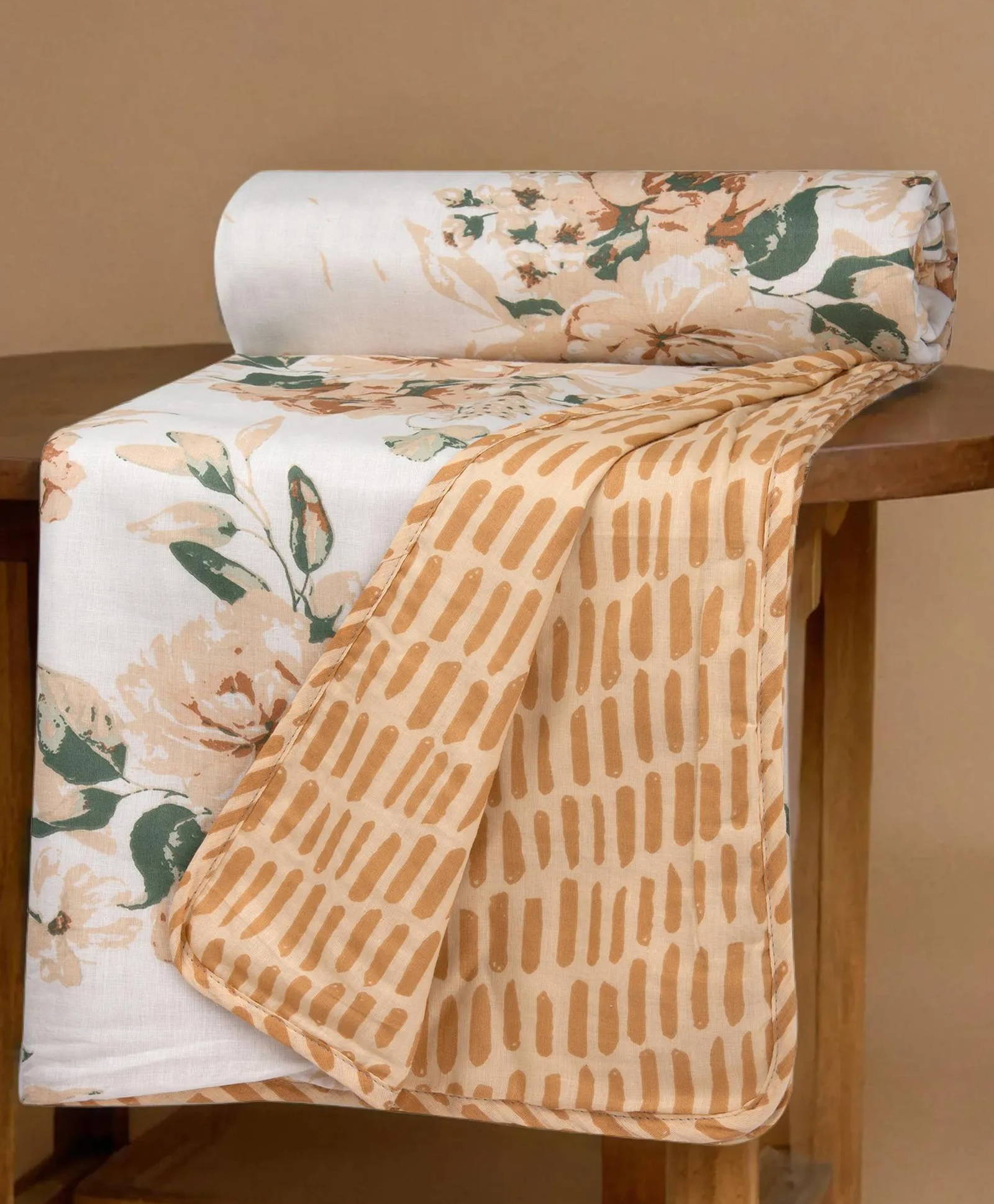 HUESLAND 100% Cotton Dohar Double Bed Size Reversible | 41 x 55 inches, Blushing Blooms - White, Sandcastle & Green-picture-28