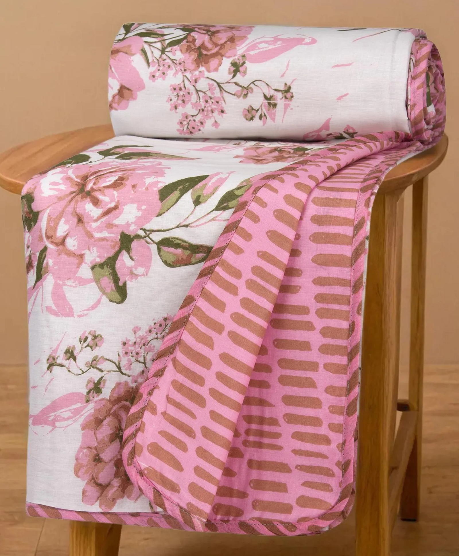 HUESLAND 100% Cotton Dohar Double Bed Size Reversible | 41 x 55 inches, Blushing Blooms - White, Pink & Green-picture-27