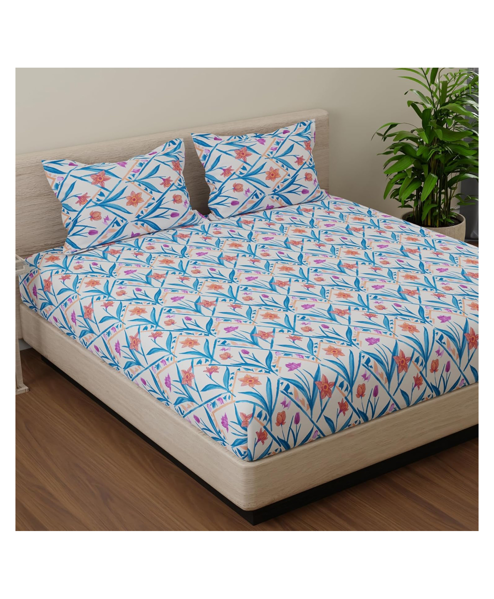 Huesland by Ahmedabad Cotton 144 TC Bedsheet for King Size Bed with 2 Pillow Covers | Blue, Yellow & White | Botanical Chevron-picture-28