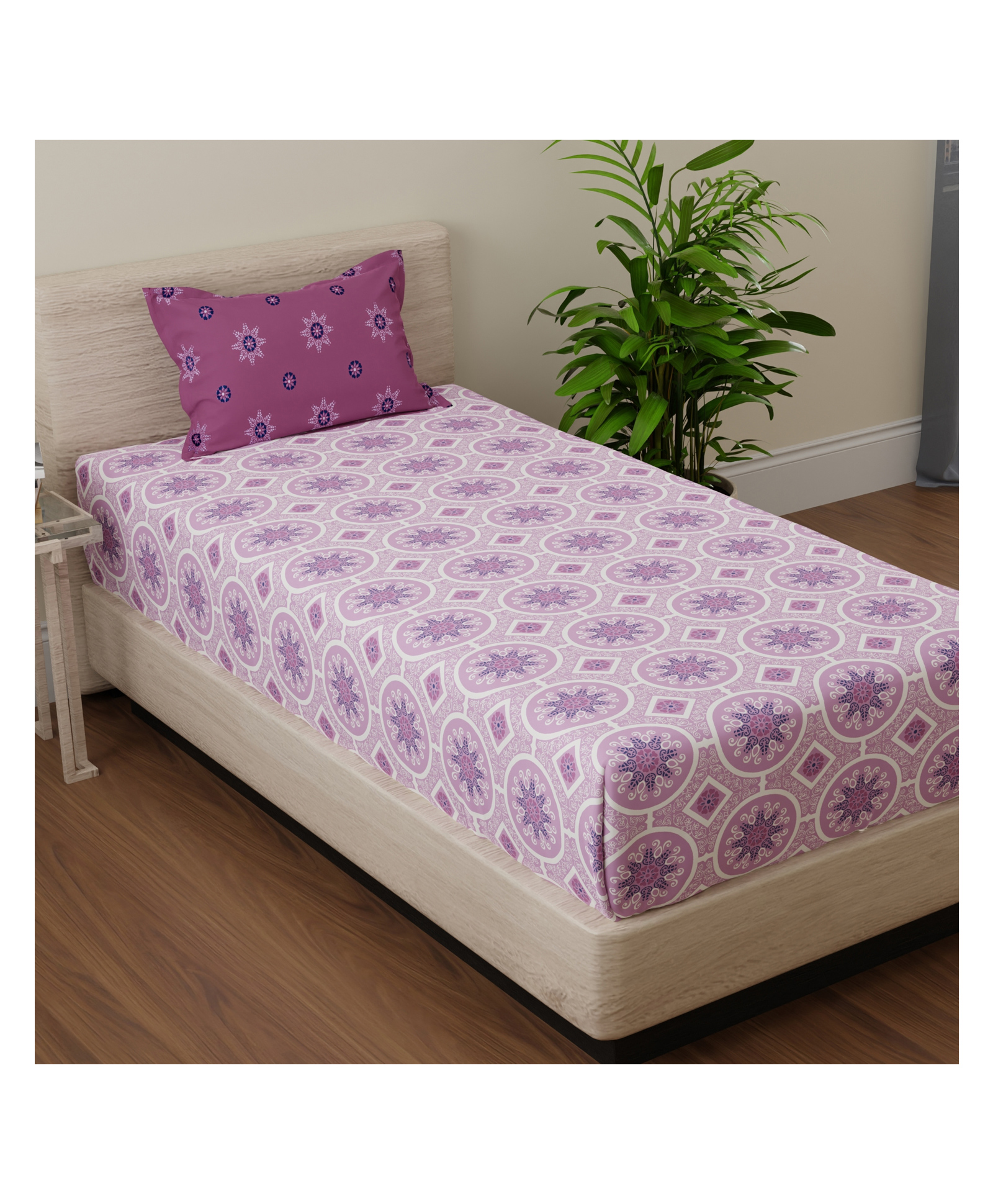 Huesland by Ahmedabad Cotton 144 TC Cotton Bedsheet Single Bed with 1 Pillow Cover | Mandala | Pink & Magenta-image-35