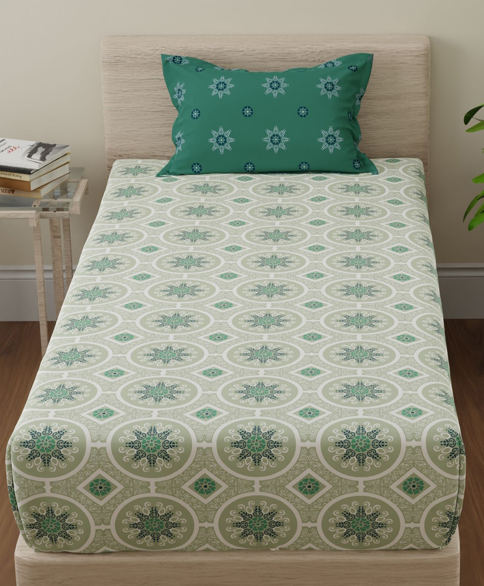 Huesland by Ahmedabad Cotton 144 TC Cotton Single Bedsheet with Pillow Cover | Mandala | Dark Green & Light Green-picture-19