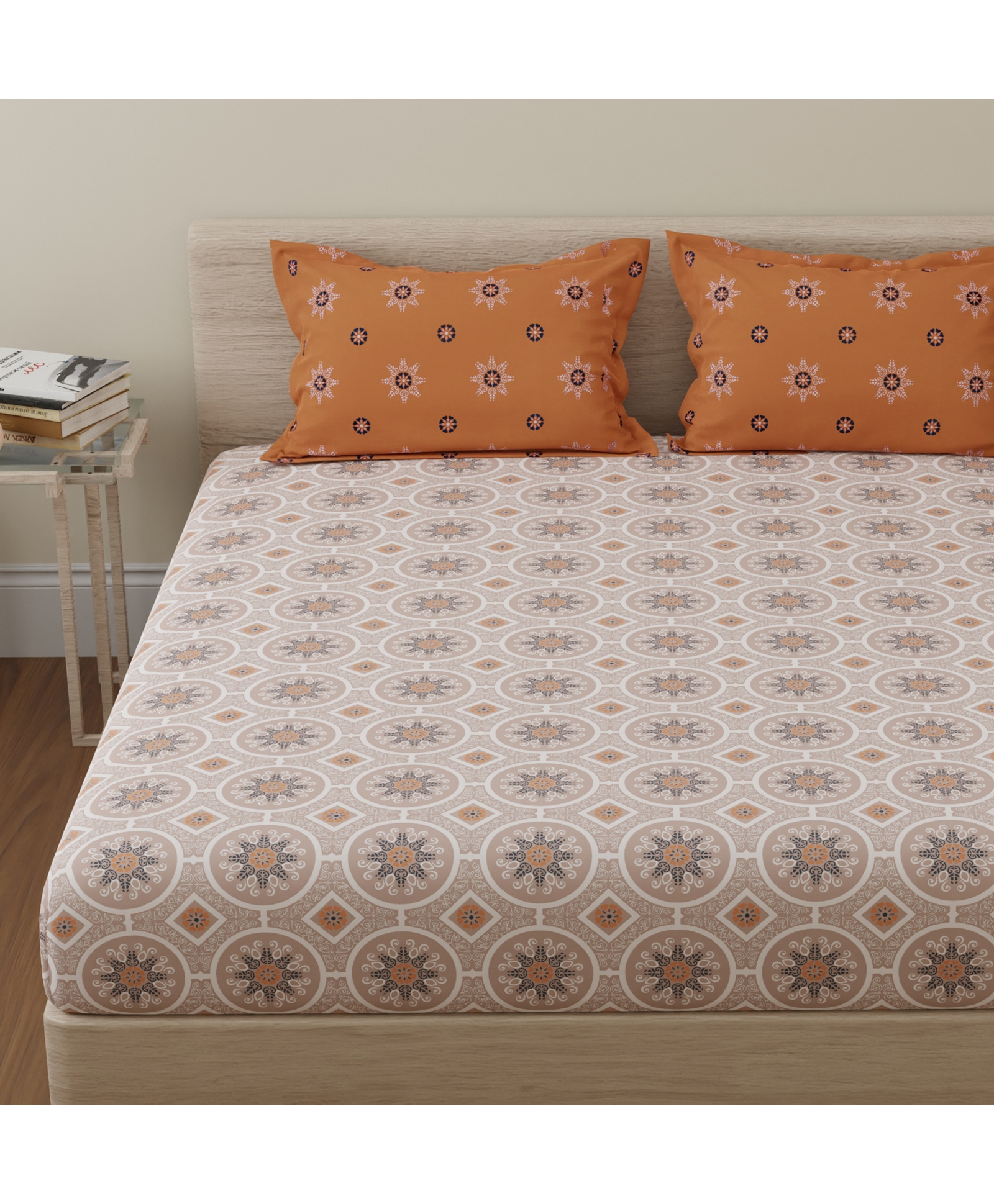 Huesland by Ahmedabad Cotton 144 TC Cotton Bedsheet for Double Bed with 2 Pillow Covers | Mandala | Orange & Brown-picture-26