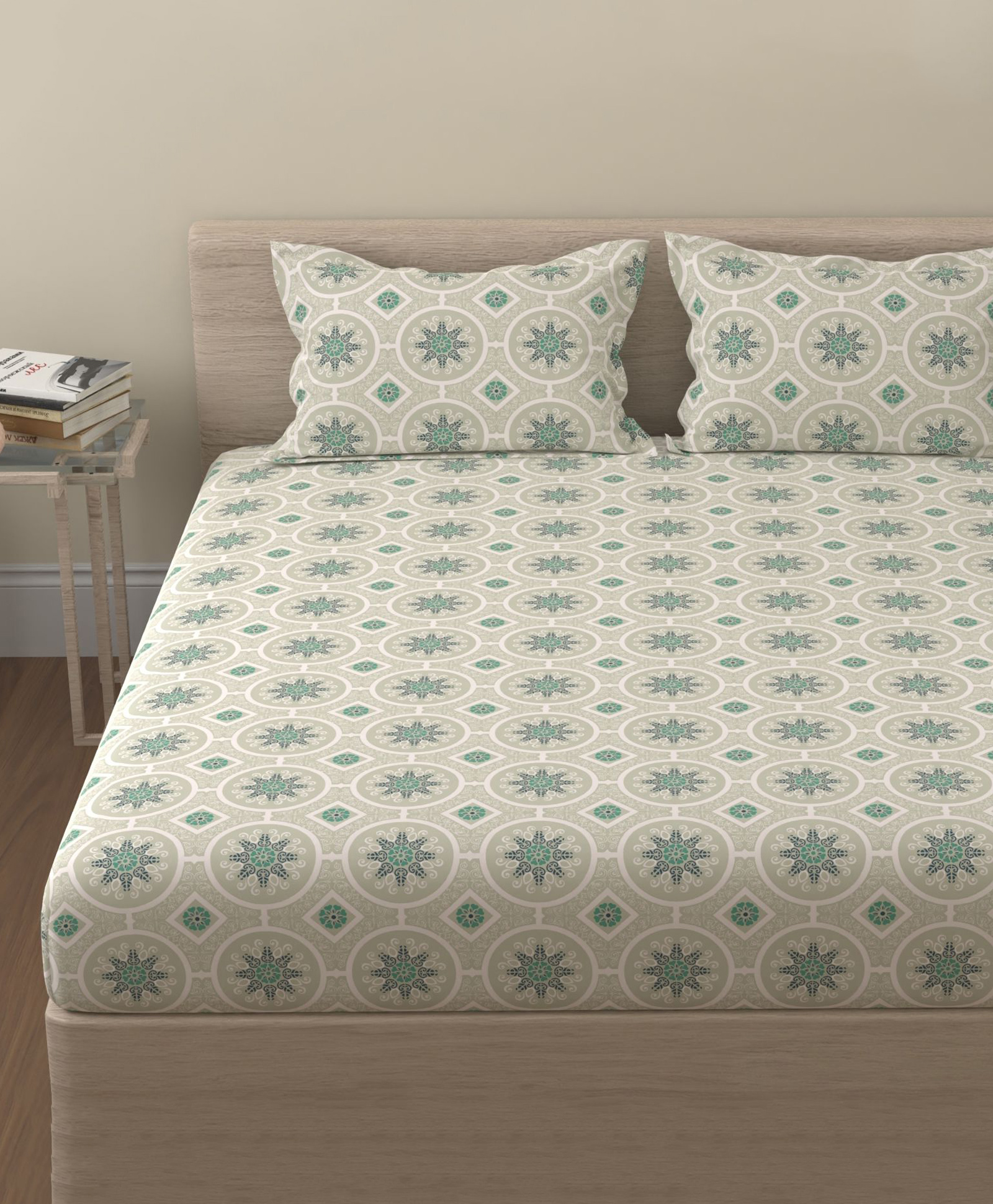 Huesland by Ahmedabad Cotton 144 TC Cotton Bed Sheet for Double Set Bed with 2 Pillow Covers | Dark Green & Light Green | Mandala-image-1