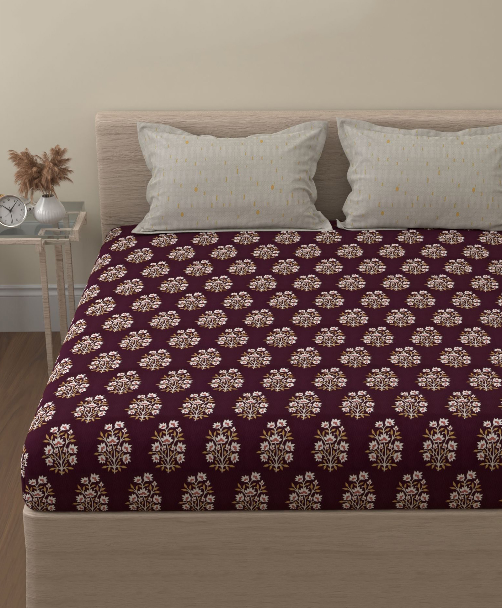Huesland by Ahmedabad Cotton 144 TC Double Bedsheet Cotton with 2 Pillow Covers | Magenta & White-image-49