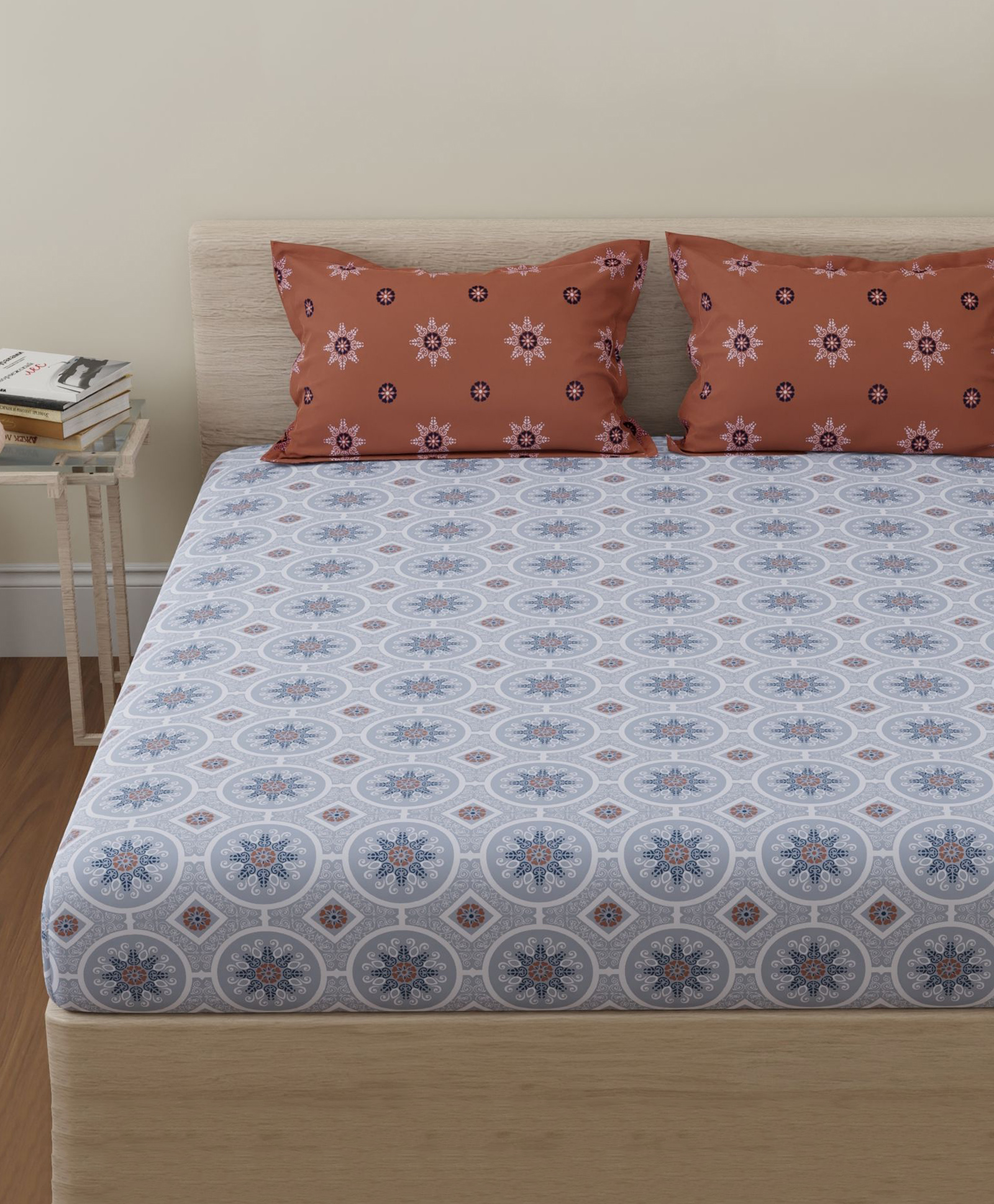 Huesland by Ahmedabad Cotton 144 TC Cotton Bedsheet for Double Bed King Size with 2 Pillow Covers | Mandala | 9ft x 9ft | Brown & Grey-picture-35