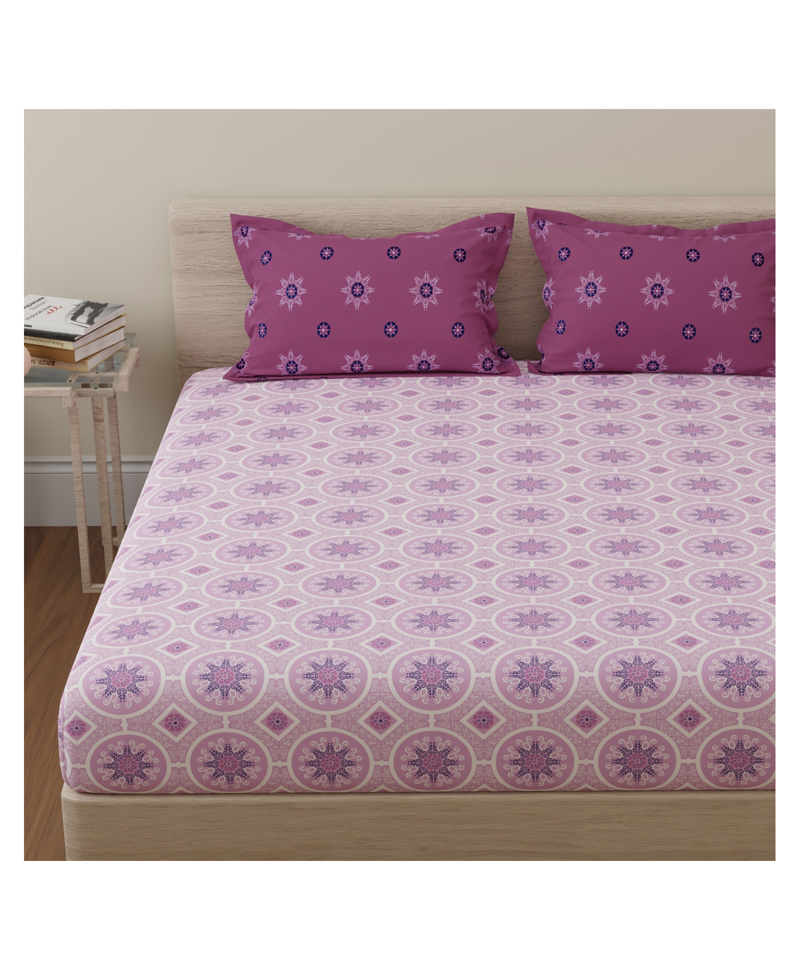 Huesland by Ahmedabad Cotton 144 TC Cotton Bedsheets for King Size Bed with 2 Pillow Covers | Mandala | 108x108 inches | Pink & Magenta-picture-31