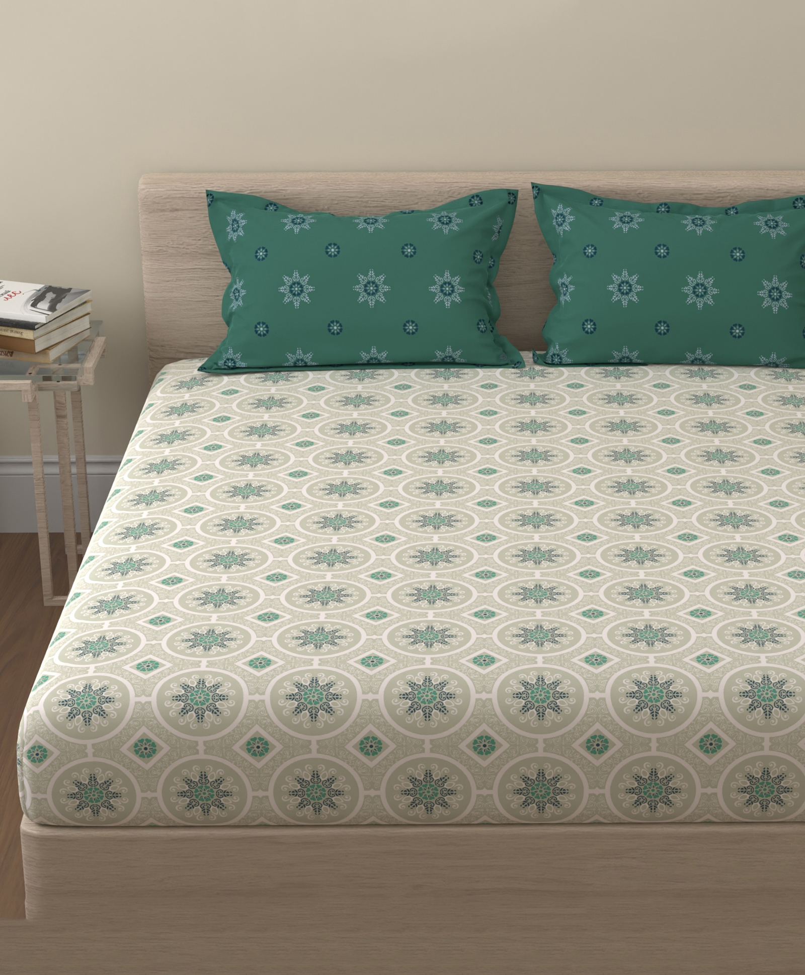 Huesland by Ahmedabad Cotton 144 TC King Size Bedsheet Cotton with 2 Pillow Covers | Mandala | 108x108 inch | Dark Green & Light Green-picture-39