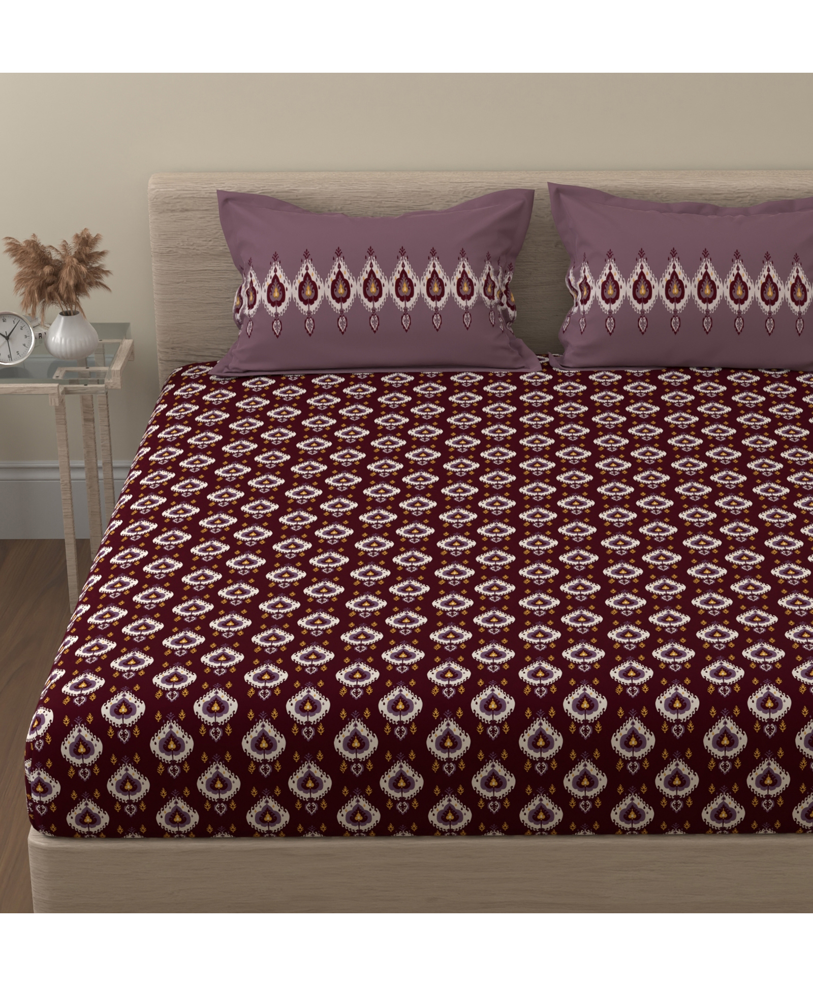 Huesland by Ahmedabad Cotton 144 TC Cotton Bedsheet for Double Bed King Size with 2 Pillow Covers | Magenta & White-picture-36