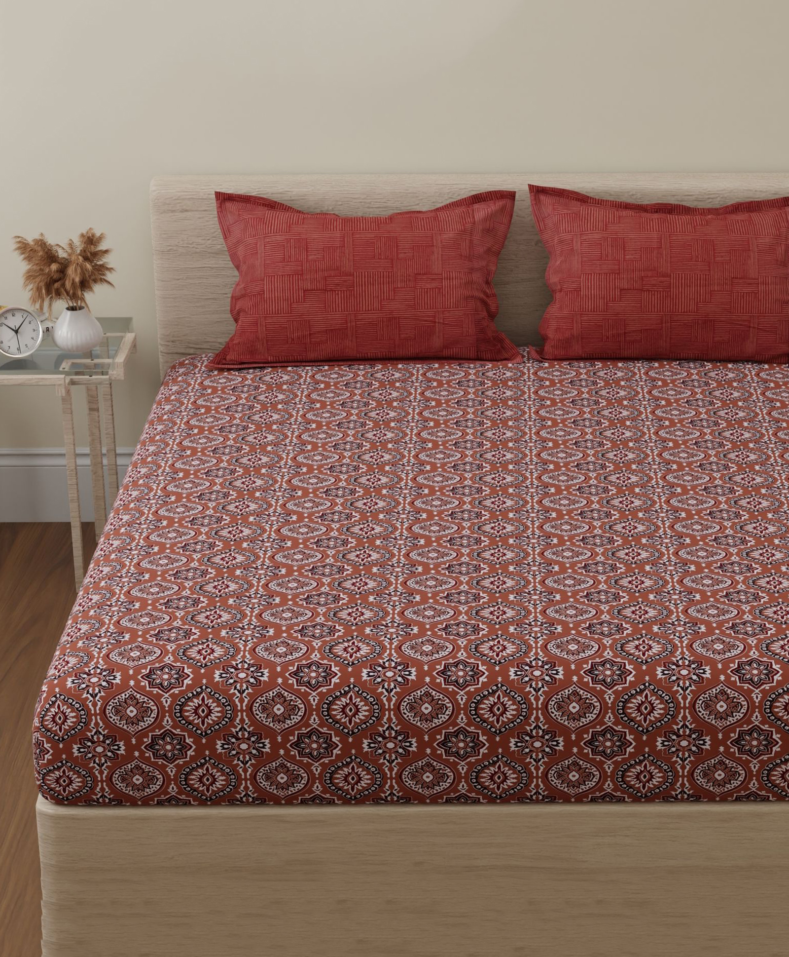 Huesland by Ahmedabad Cotton 144 TC Cotton Bedsheet for Double Bed King Size with 2 Pillow Covers | Brown & White-picture-15